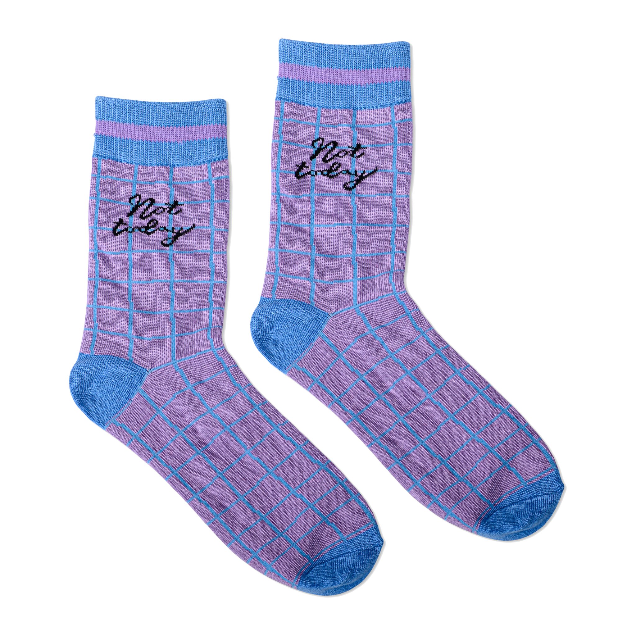 Chaussettes violettes à carreaux bleu clair avec l'inscription Not today