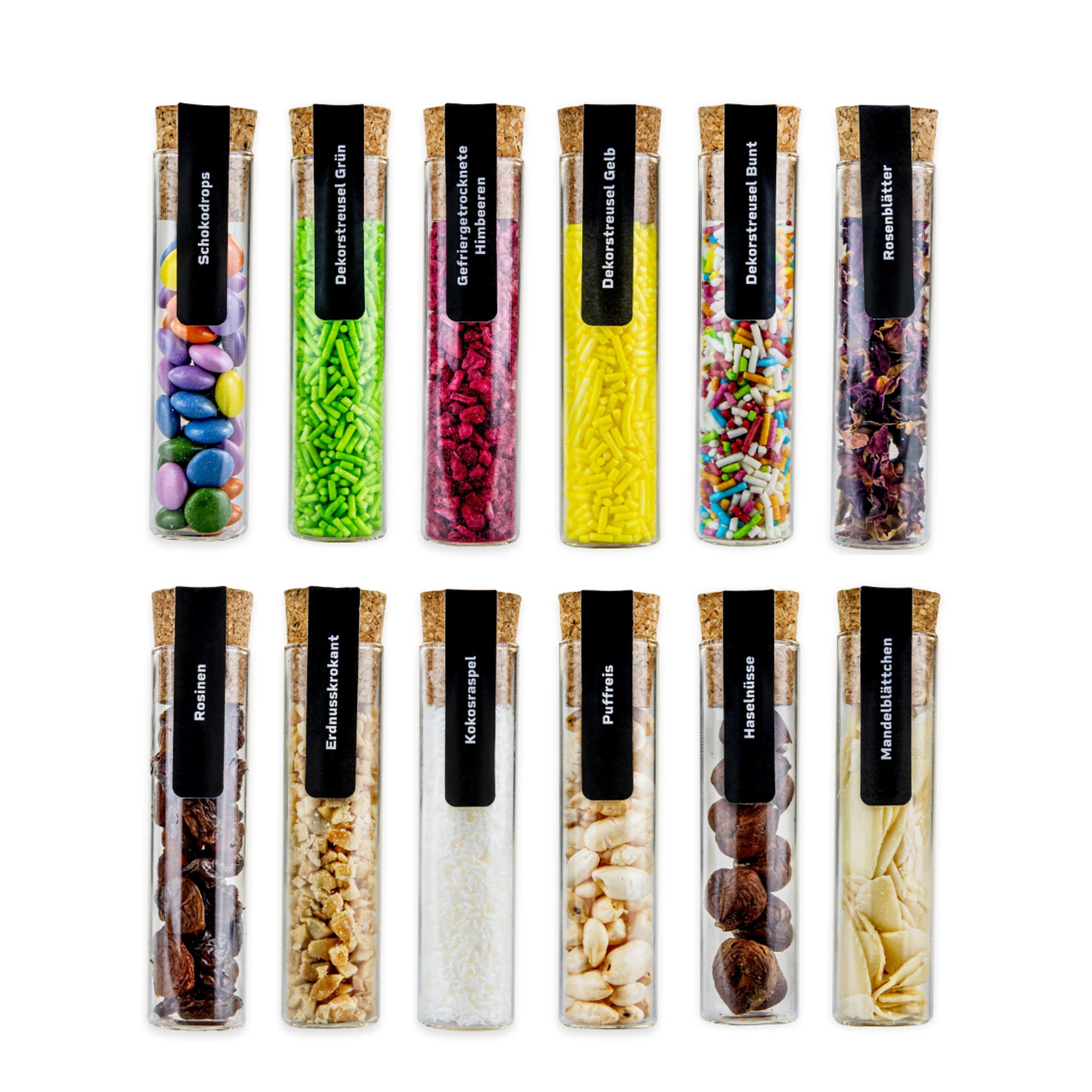 12 Toppings im Glasröhrchen: Schokodrops, Streusel, Nüsse, Rosenblätter, Puffreis