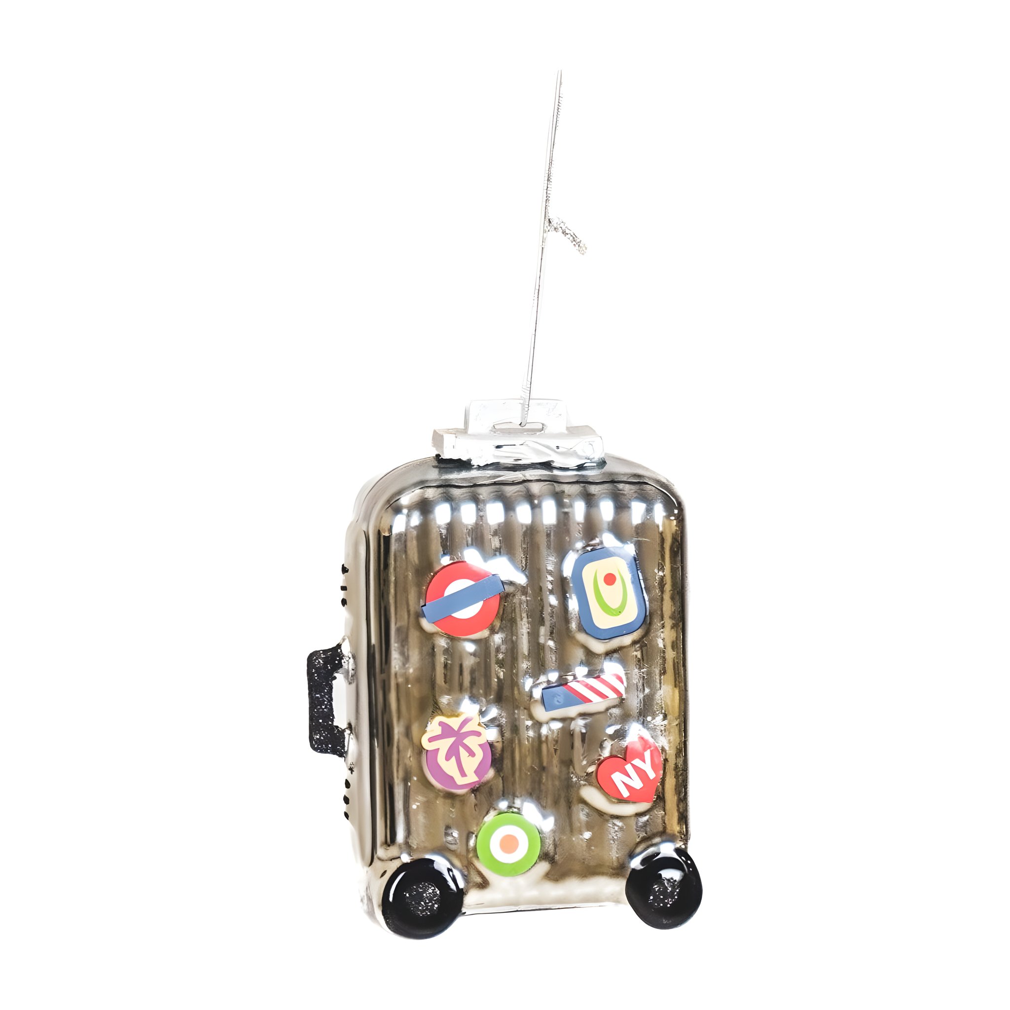 Koffer Weihnachtsanhänger in Silber mit bunten Reise-Stickern, freigestellt