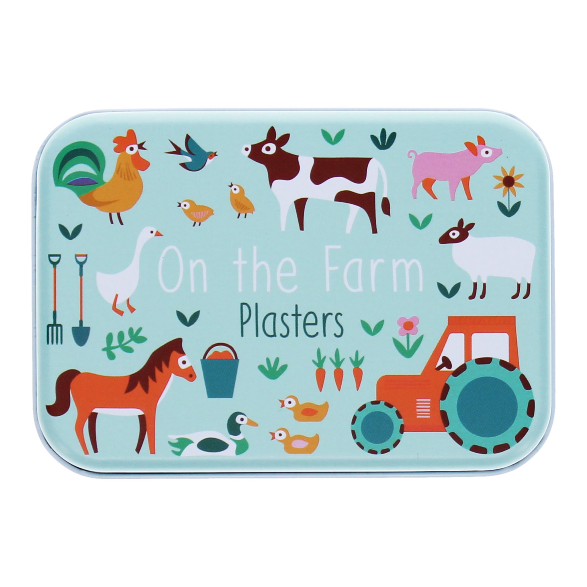 Geschlossene Blechdose der Bauernhof Kinderpflaster mit Kuh, Pferd, Traktor und Hühnern