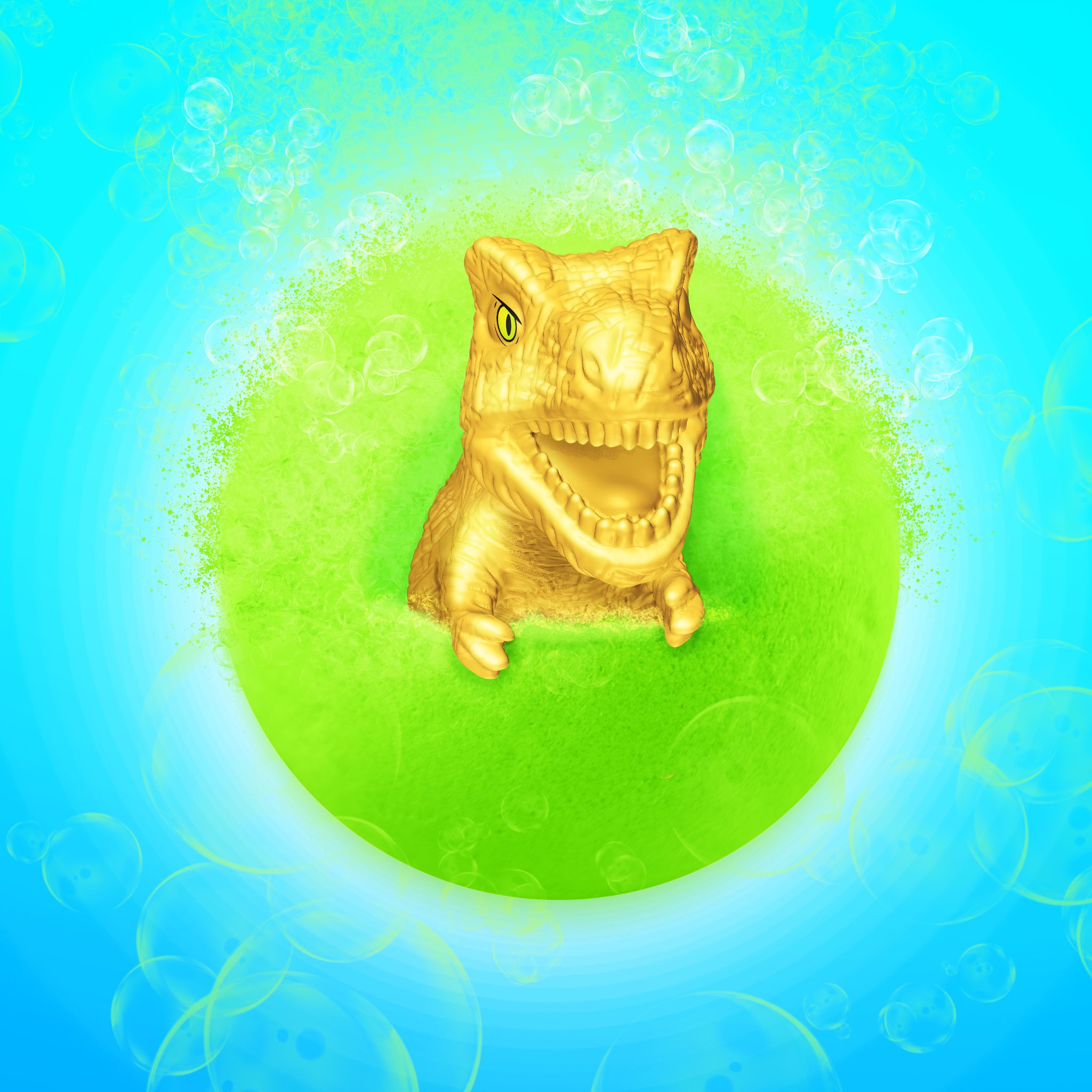 Golden T-Rex in green bath water