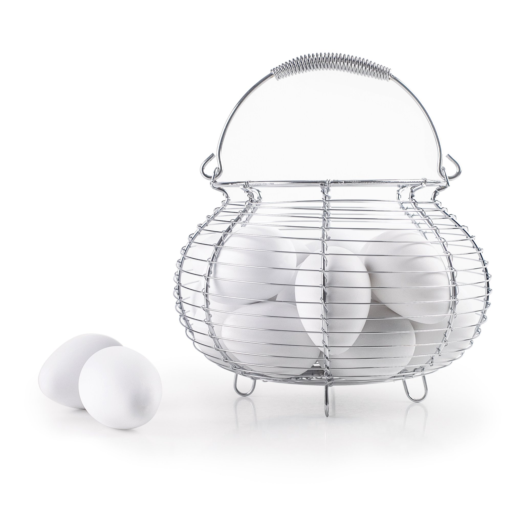 Chrome steel egg basket filled with white eggs