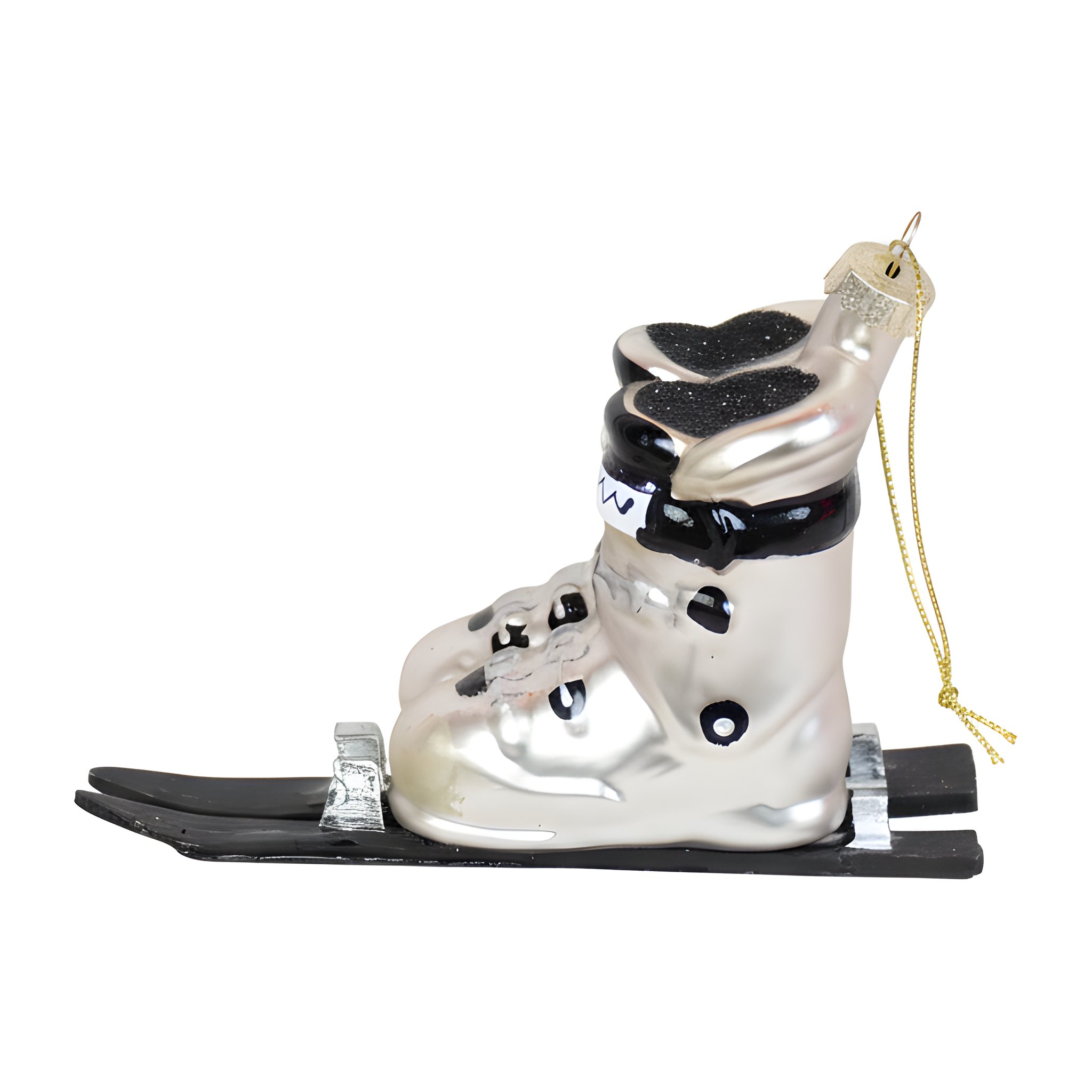 Skischuh Weihnachtsanhänger aus Glas in Silber-Schwarz mit Ski, freigestellt