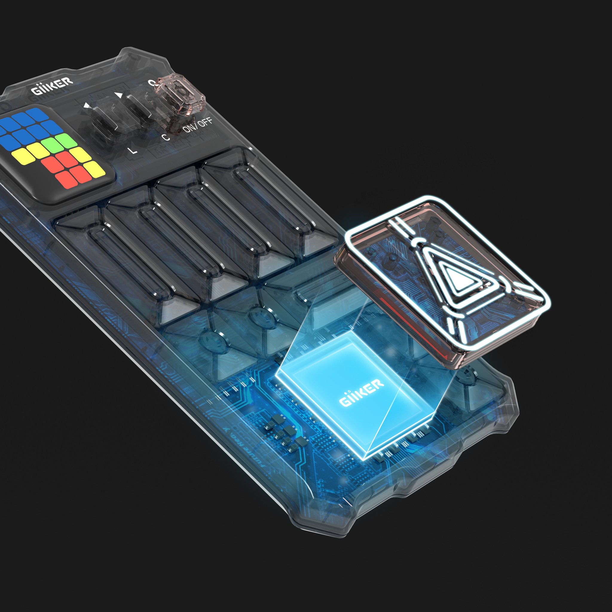 Render of the sensor technology: the Super Slide board detects every block position automatically.