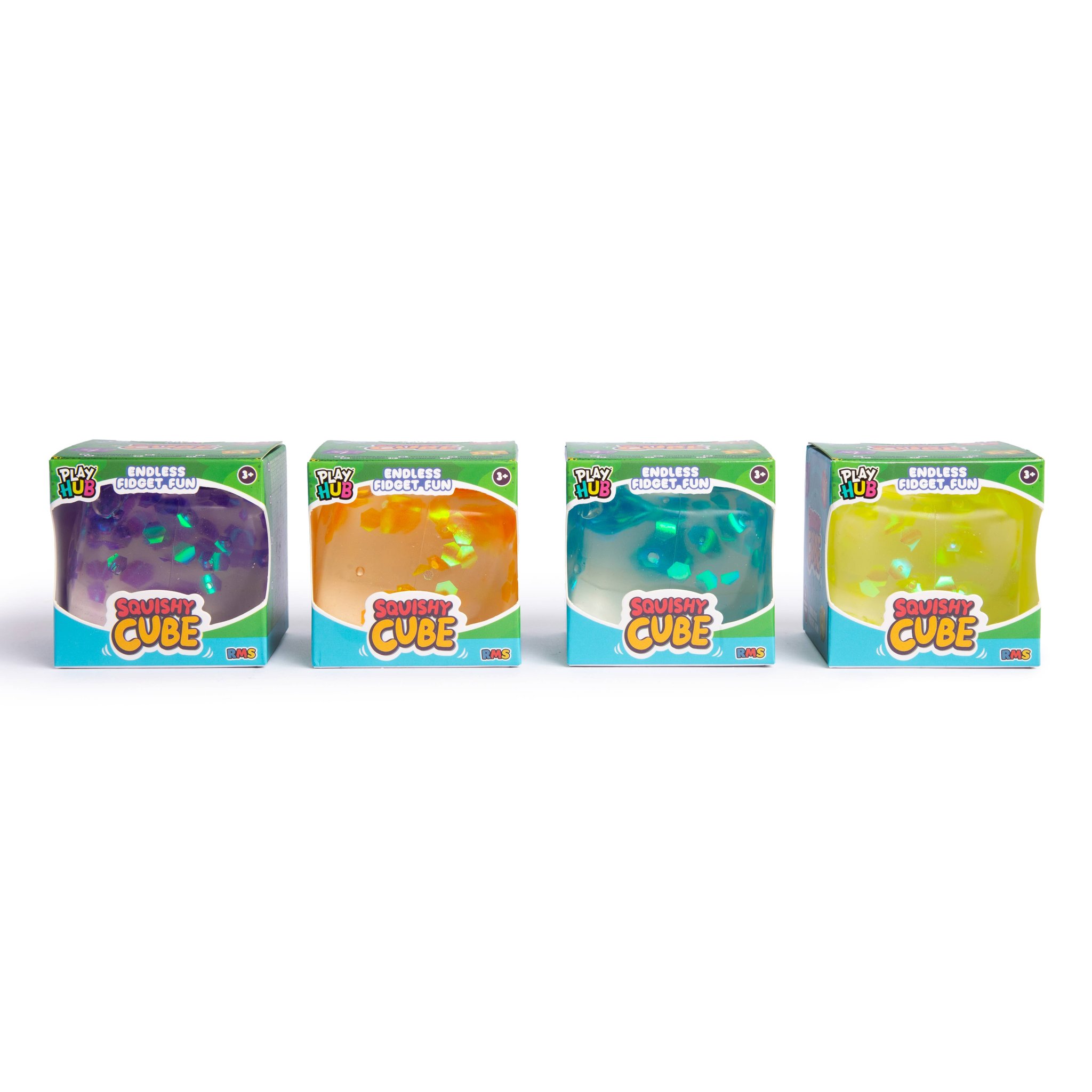 Die vier Faltschachteln mit Sichtfenster nebeneinander, Aufdruck Play Hub Squishy Cube