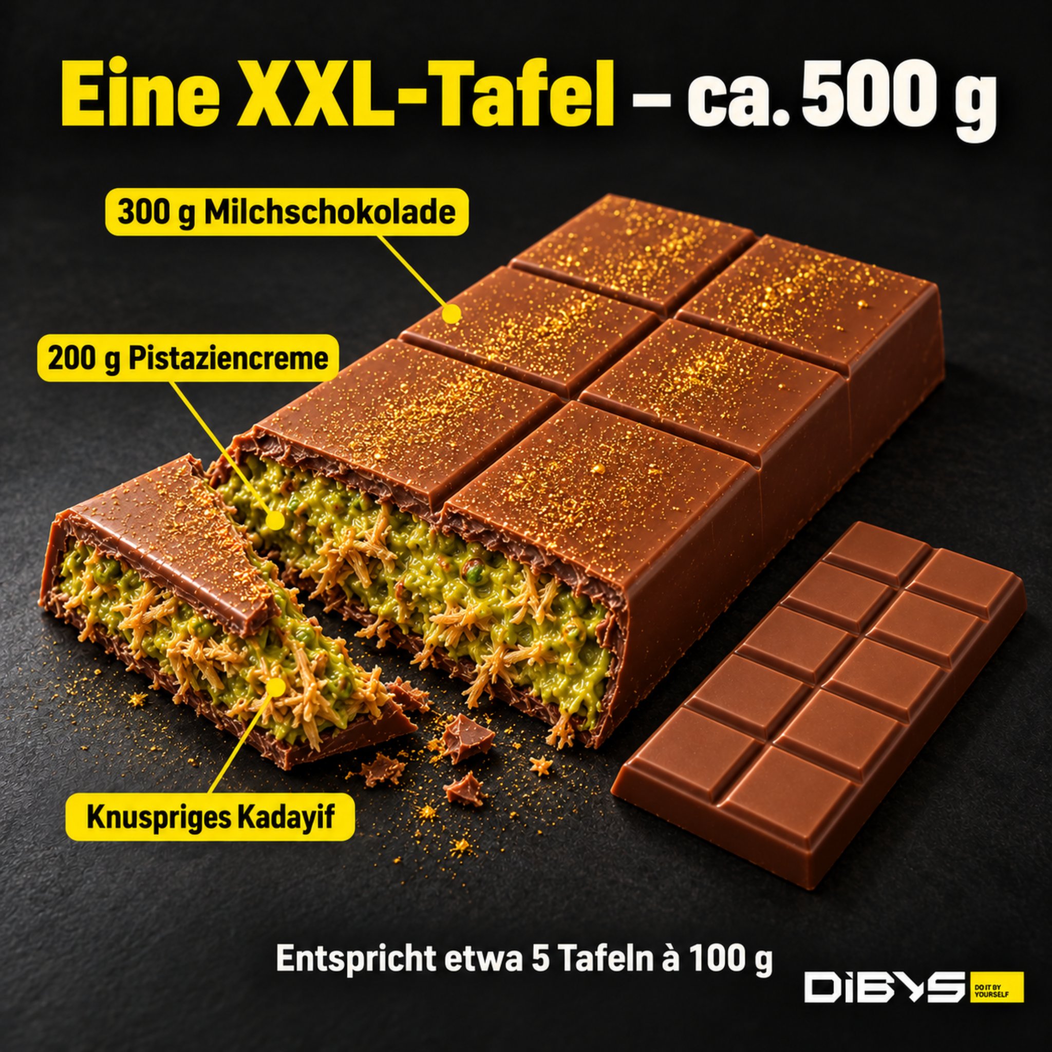 Cut XXL bar of Dubai chocolate with pistachio cream and crispy kadayif, about 500 g