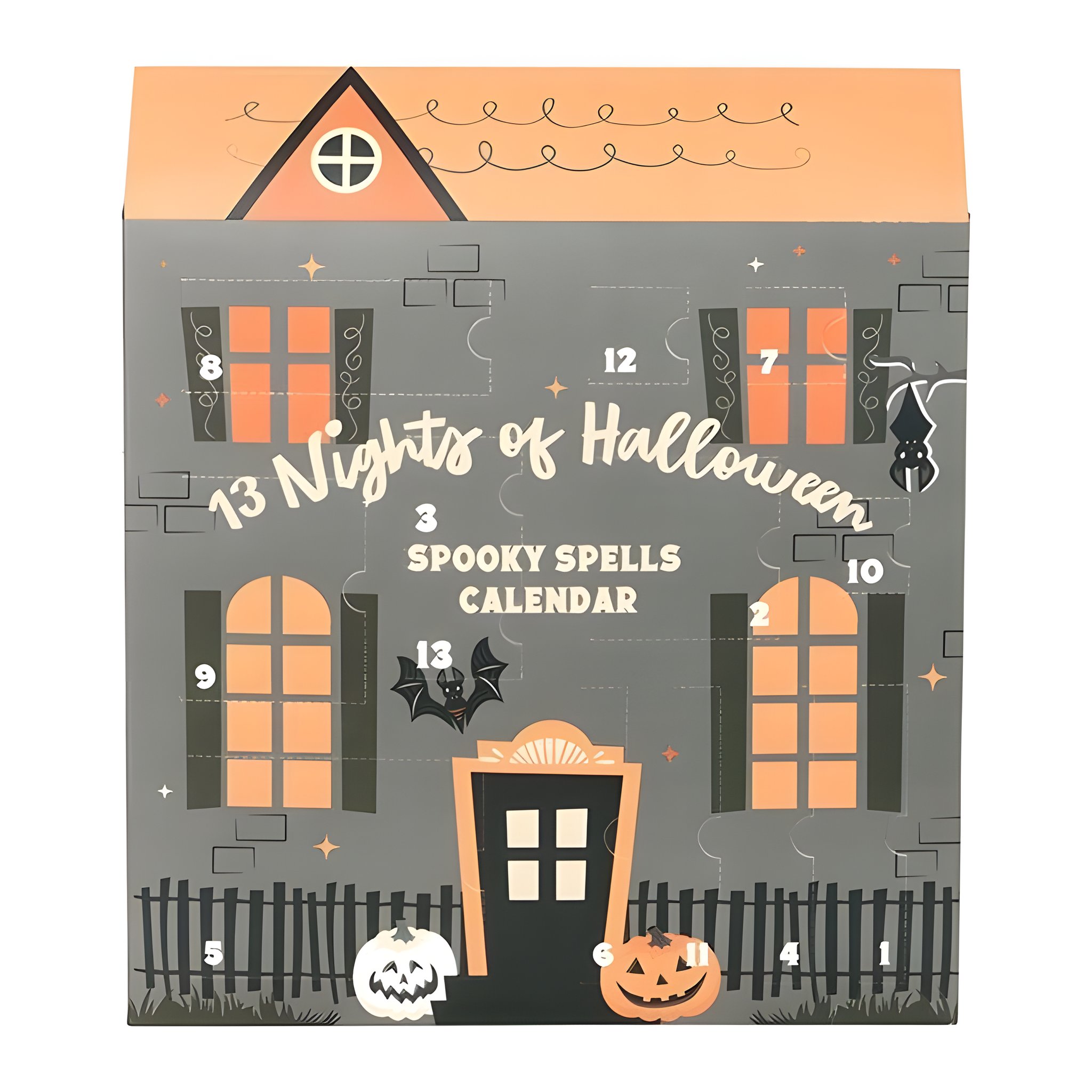 Calendrier 13 nuits d'Halloween en maison hantée grise au toit orange