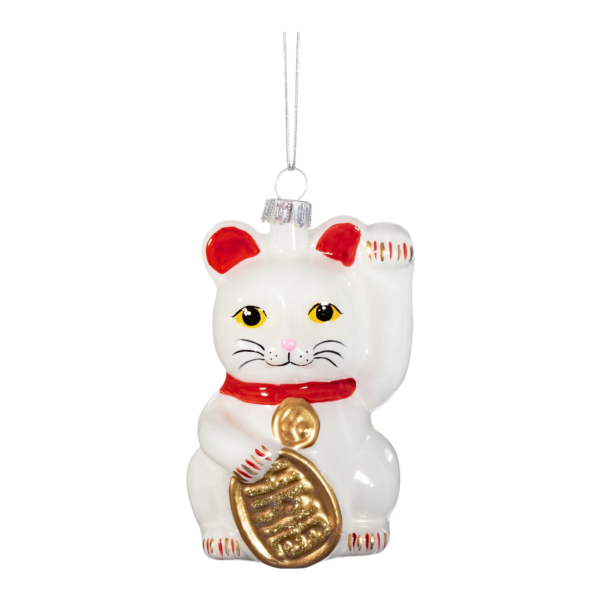 Décoration de sapin chat porte-bonheur détourée, chat blanc en verre avec pièce dorée