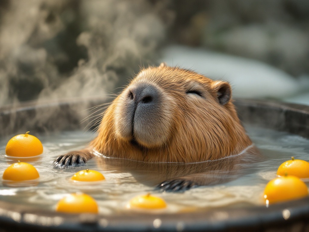 Entspanntes Capybara im dampfenden japanischen Onsen mit Yuzu-Früchten – Titelbild zum Capybara-Trend