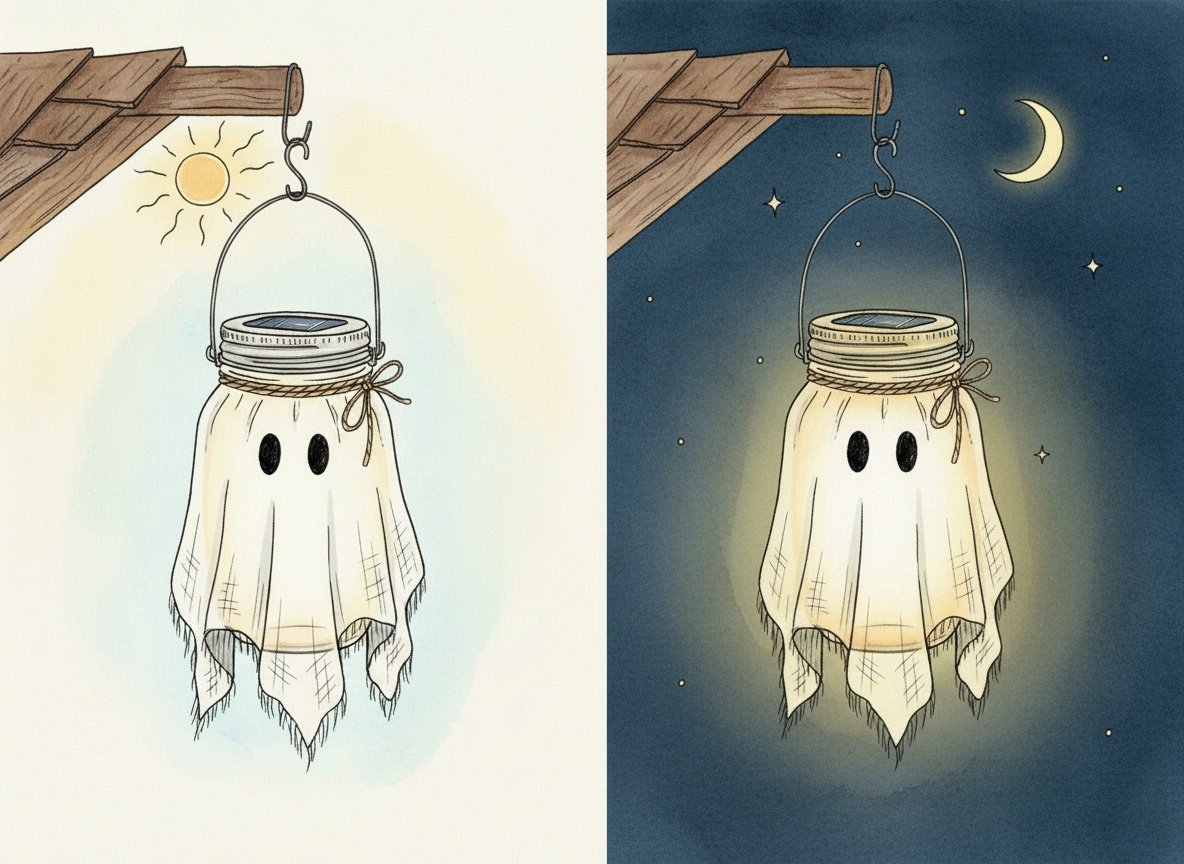 Sketch: by day the sun shines on the hanging ghost, at night it glows warmly under the porch roof