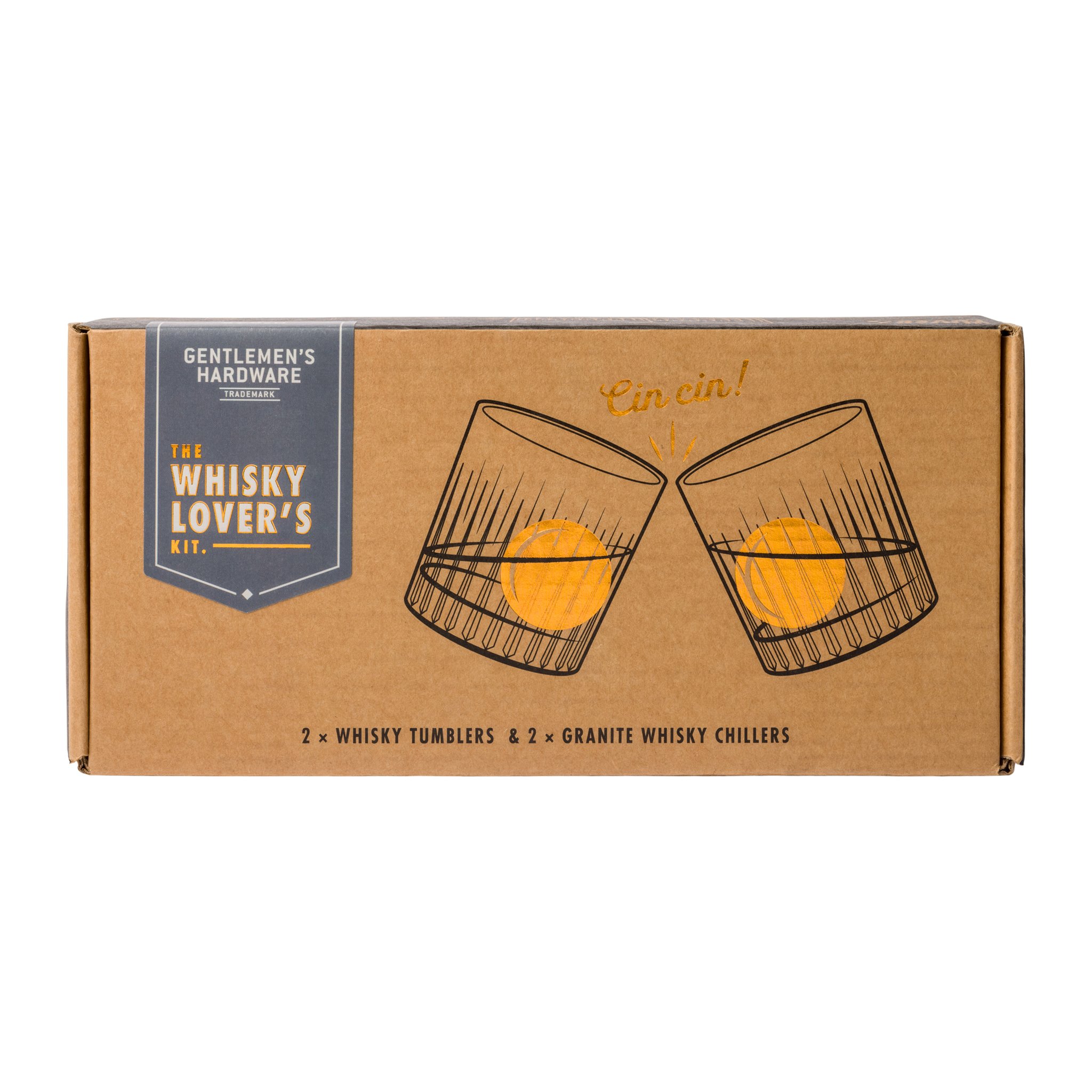 Brown cardboard box of the Whiskey Lover’s Kit, front with tumbler illustration, "Cin cin!" lettering and brand label