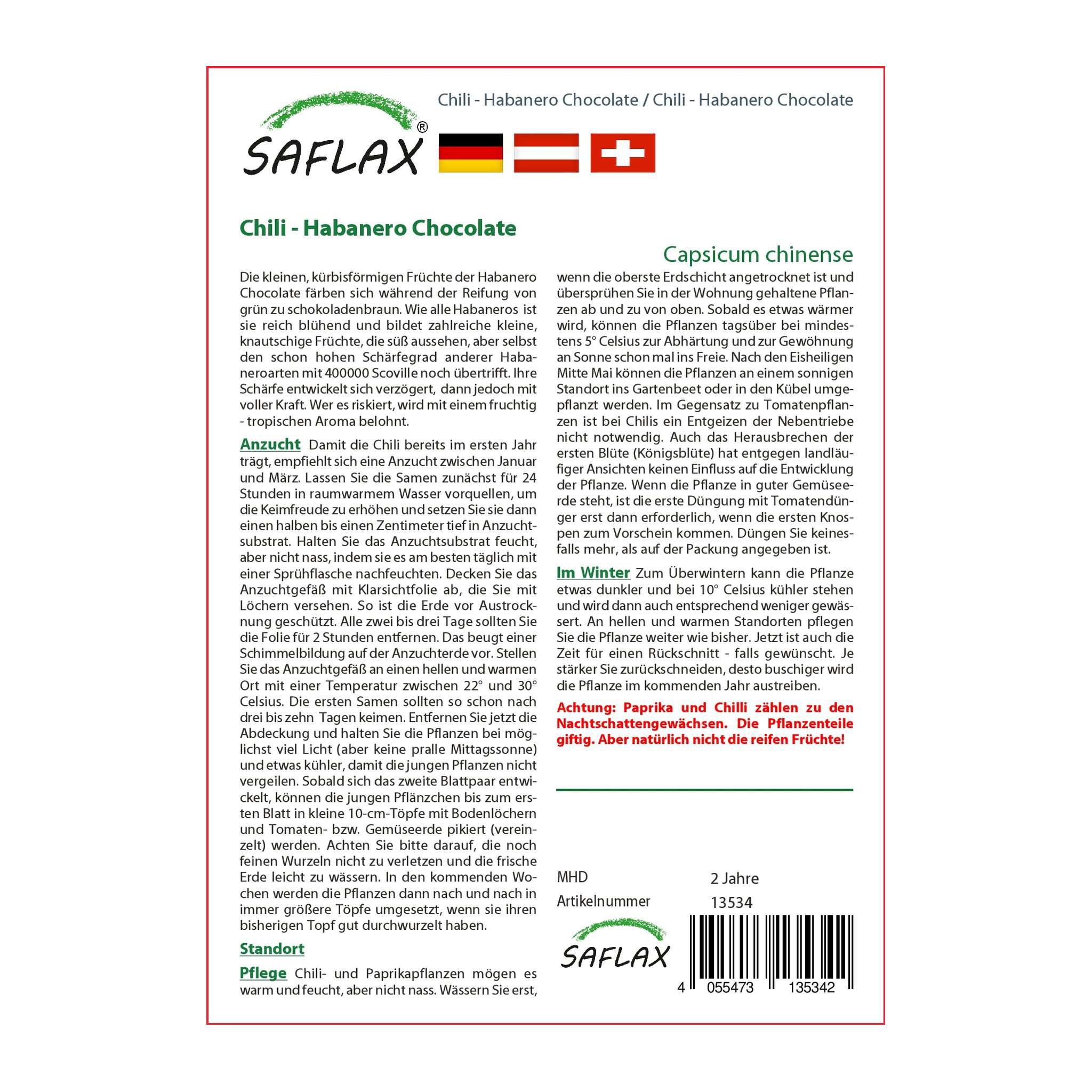 Samentüte Chili Habanero Chocolate von Saflax, Rückseite mit Anzuchtanleitung