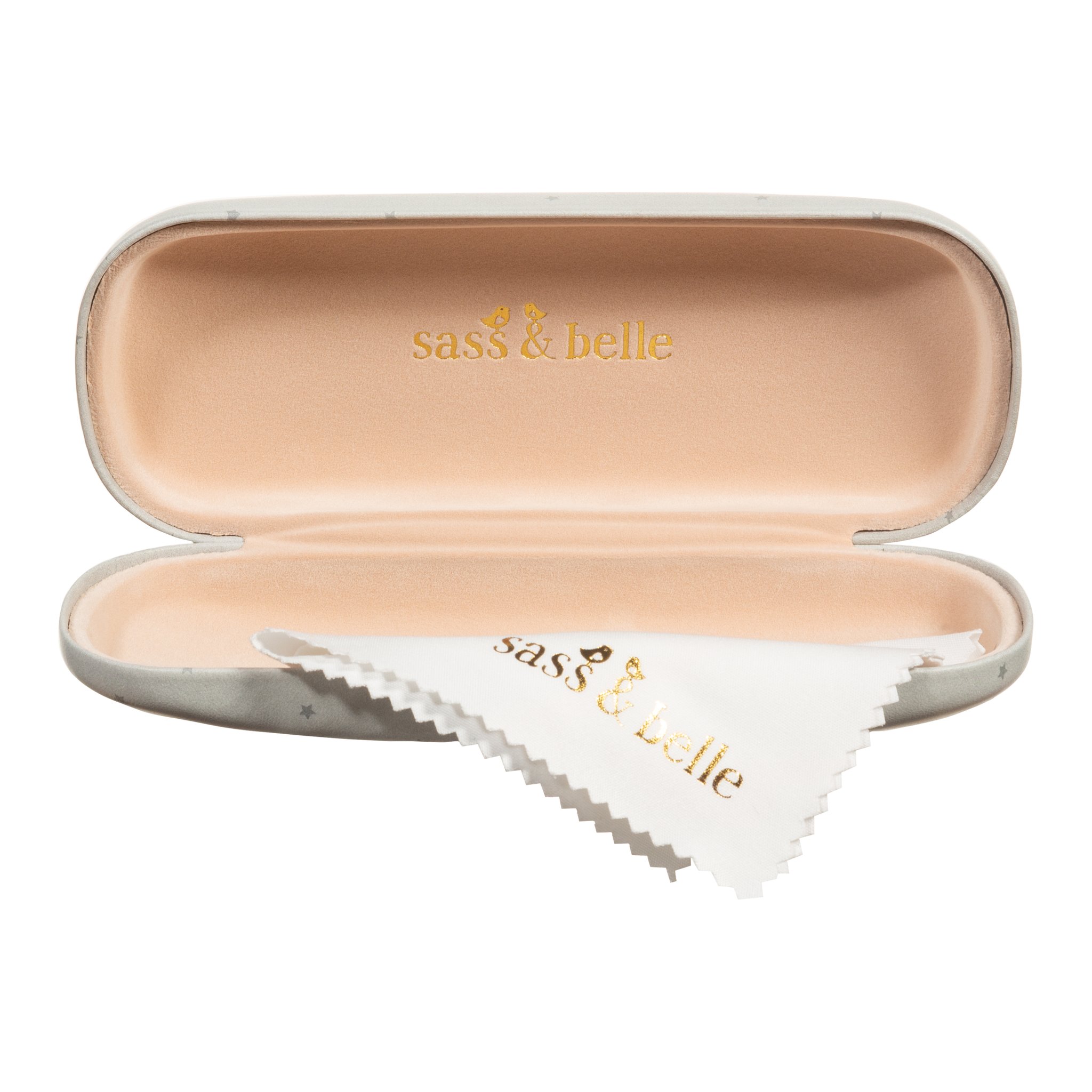 Dachshund glasses case opened with beige lining and cleaning cloth