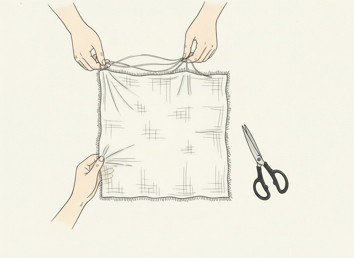 Sketch: hands pulling threads from the edge of a white fabric square