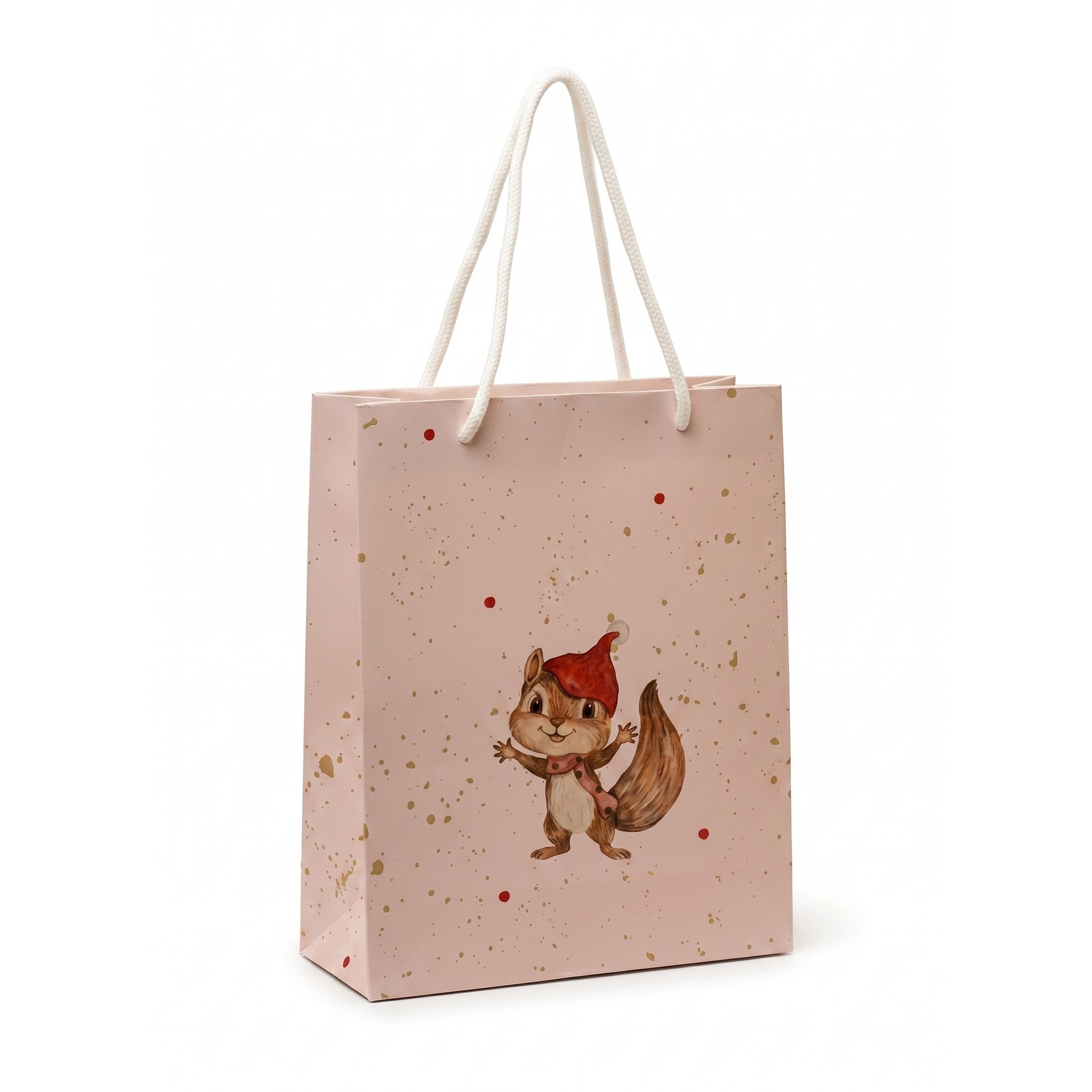 Rosa Geschenktüte mit winkendem Eichhörnchen mit roter Mütze und weissen Kordelgriffen