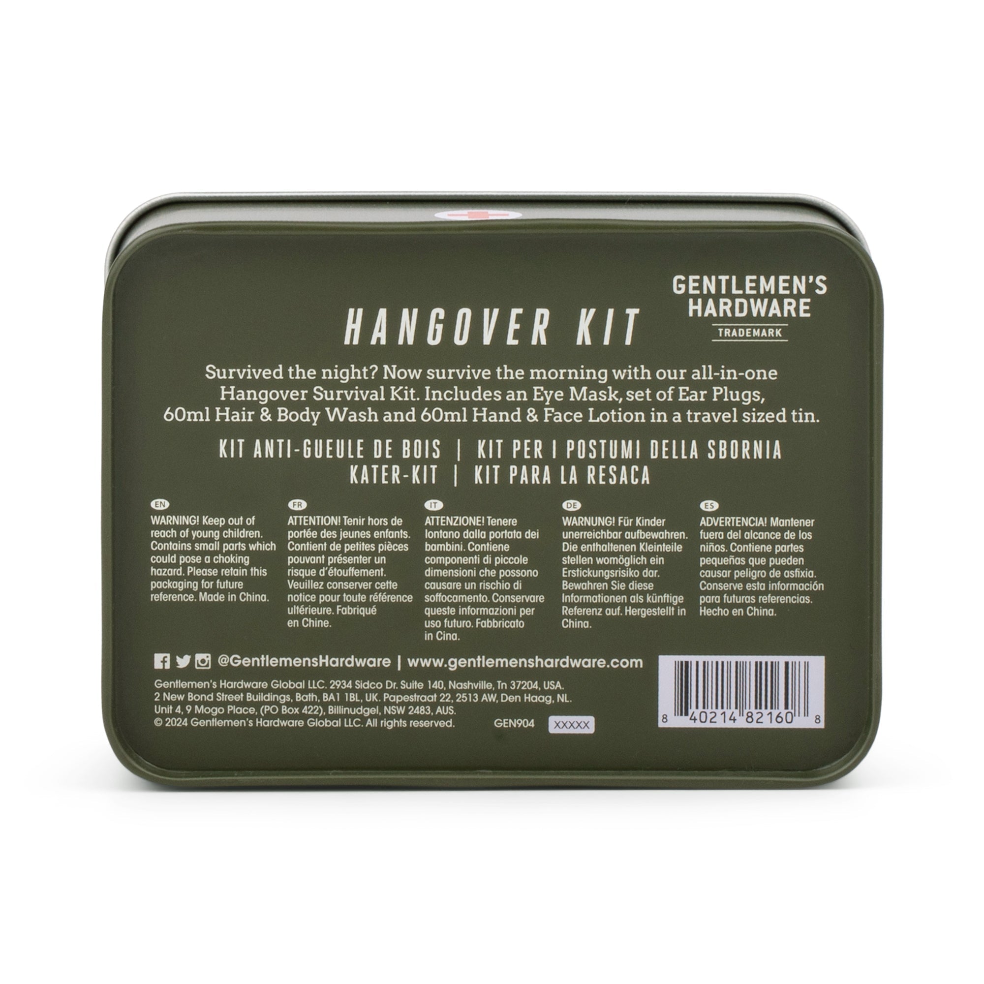Rückseite der Hangover-Kit-Dose mit Inhaltsangabe und Hinweisen