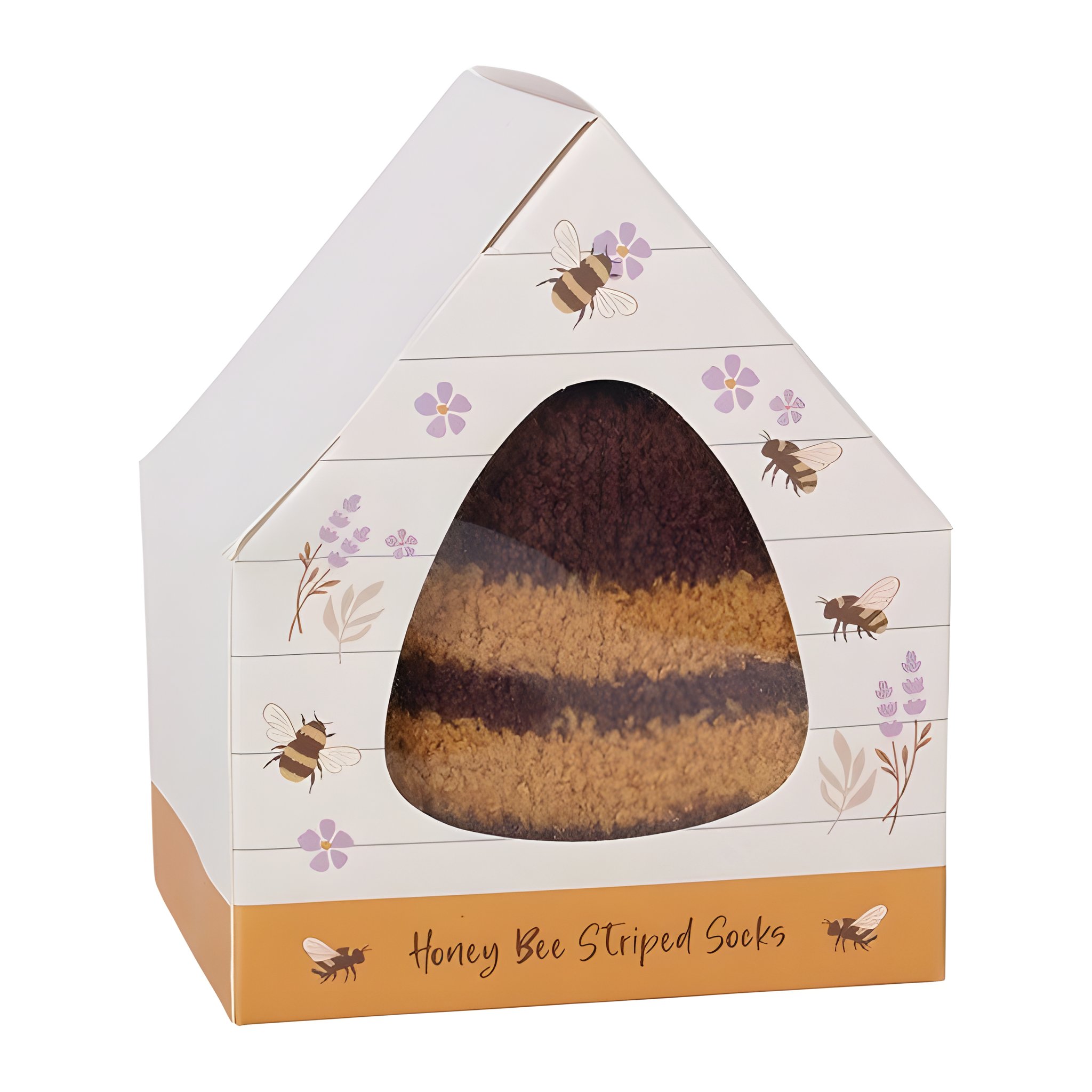 Boîte cadeau en forme de ruche avec fenêtre et les chaussettes rayées