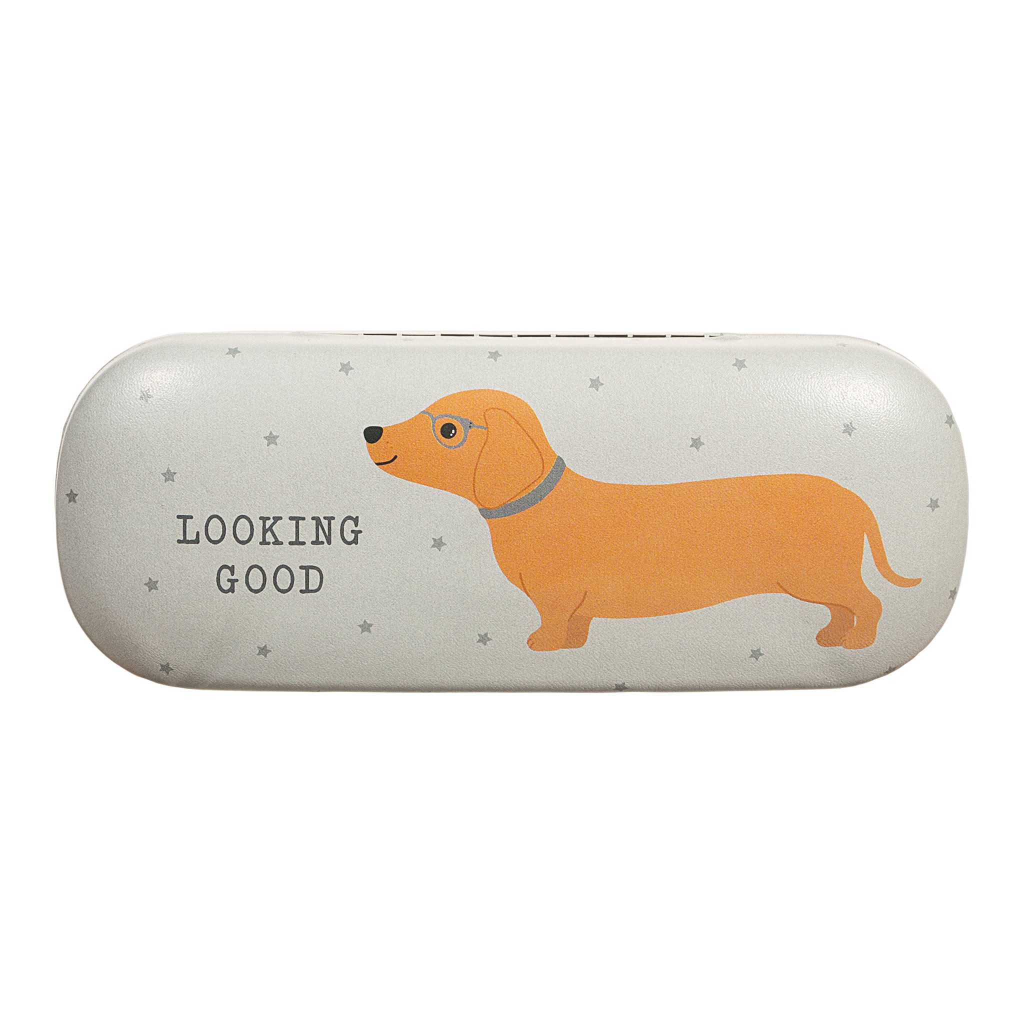 Dachshund glasses case cut-out, grey hard case with dachshund and Looking Good lettering
