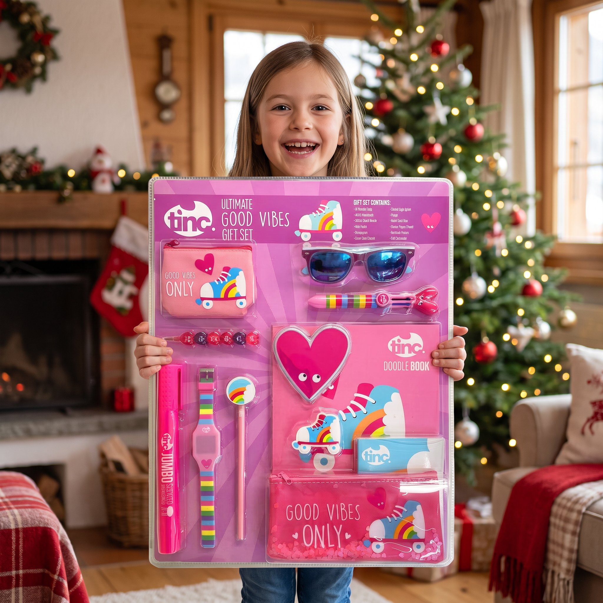 Fröhliches Mädchen im weihnachtlichen Wohnzimmer mit dem rosa Good Vibes Geschenkset in beiden Händen