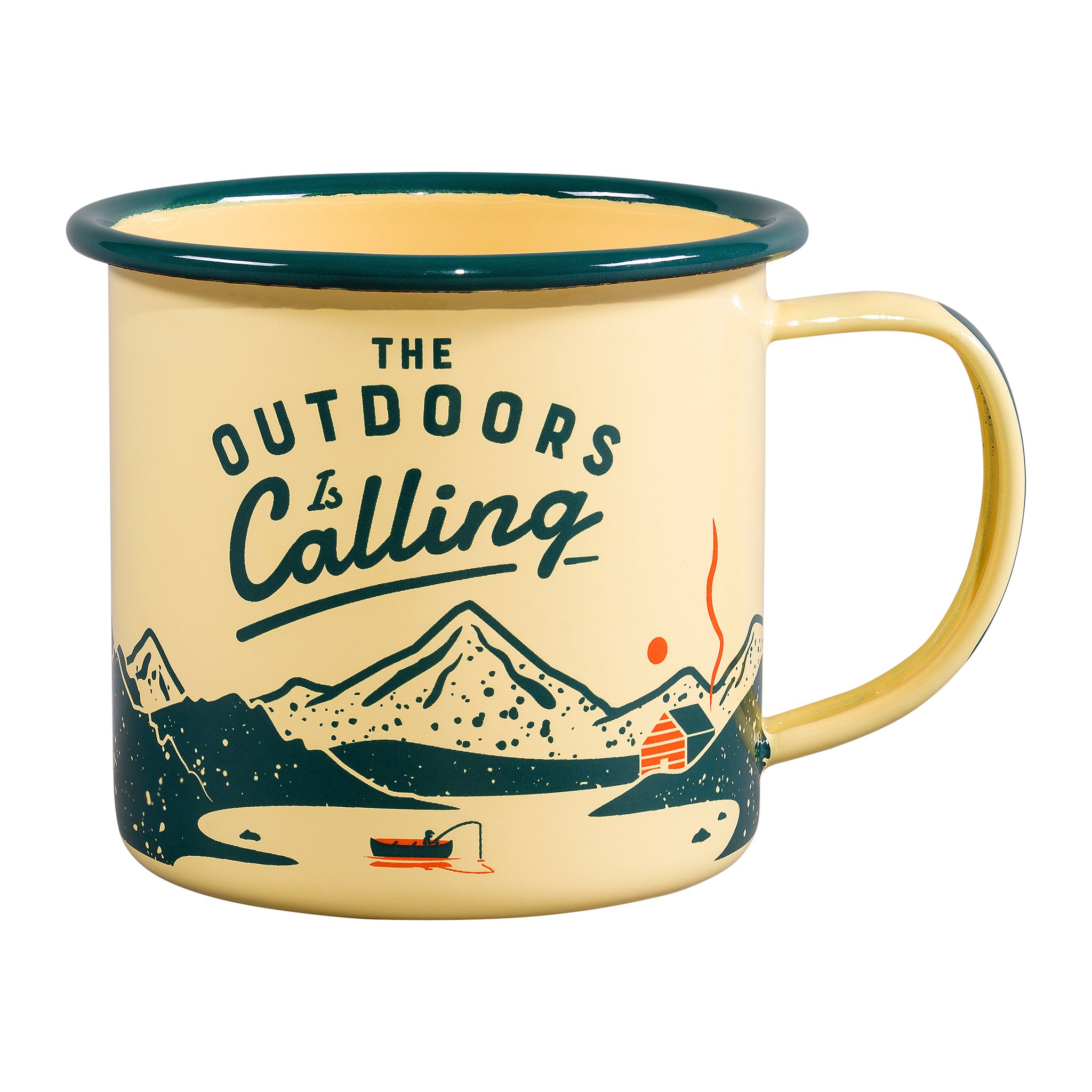Cremegelbe Outdoor Emaille-Tasse mit grünem Rand, Bergmotiv, Hütte und Angelboot, Henkel rechts