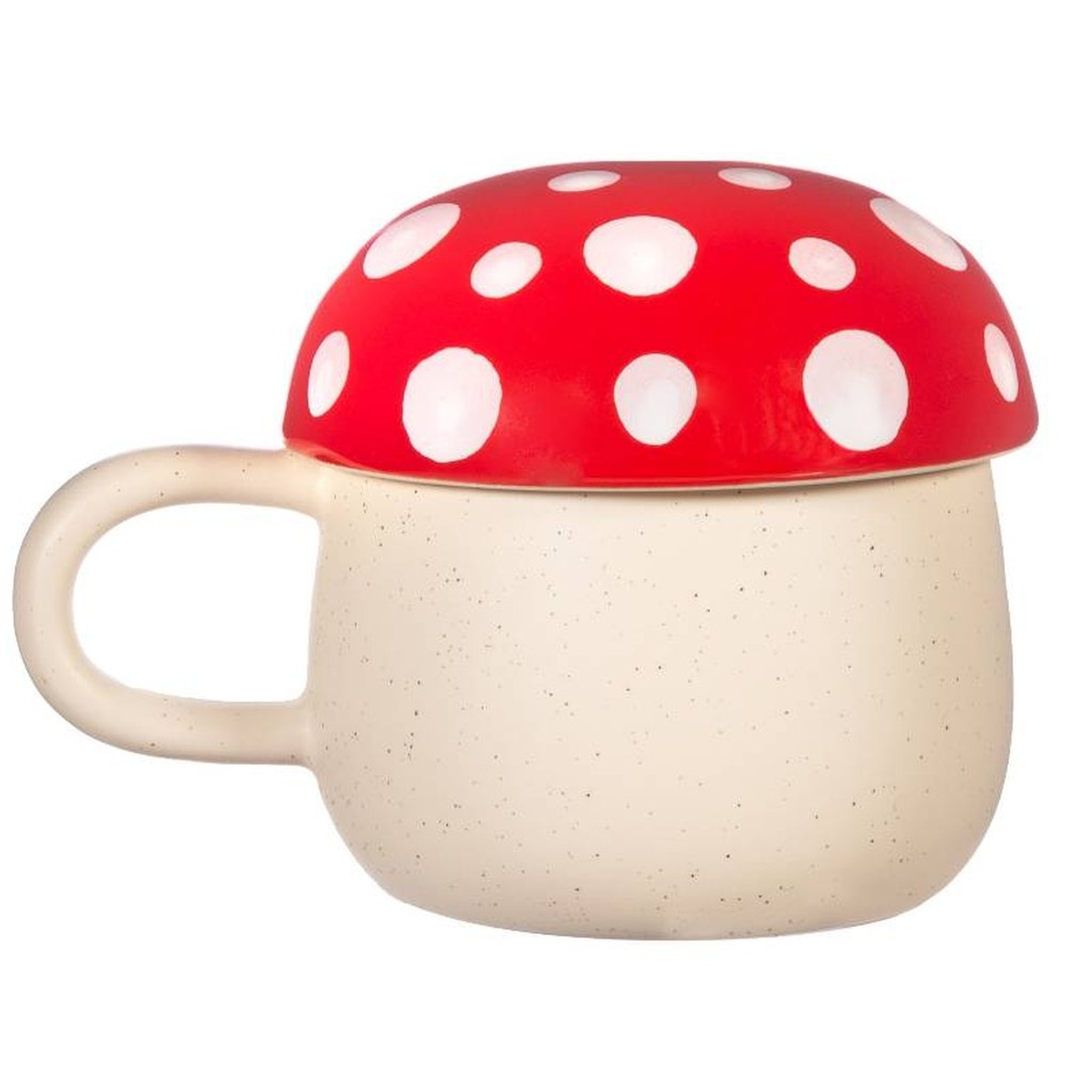 Tazza fungo scontornata, tazza beige con coperchio a fungo rosso
