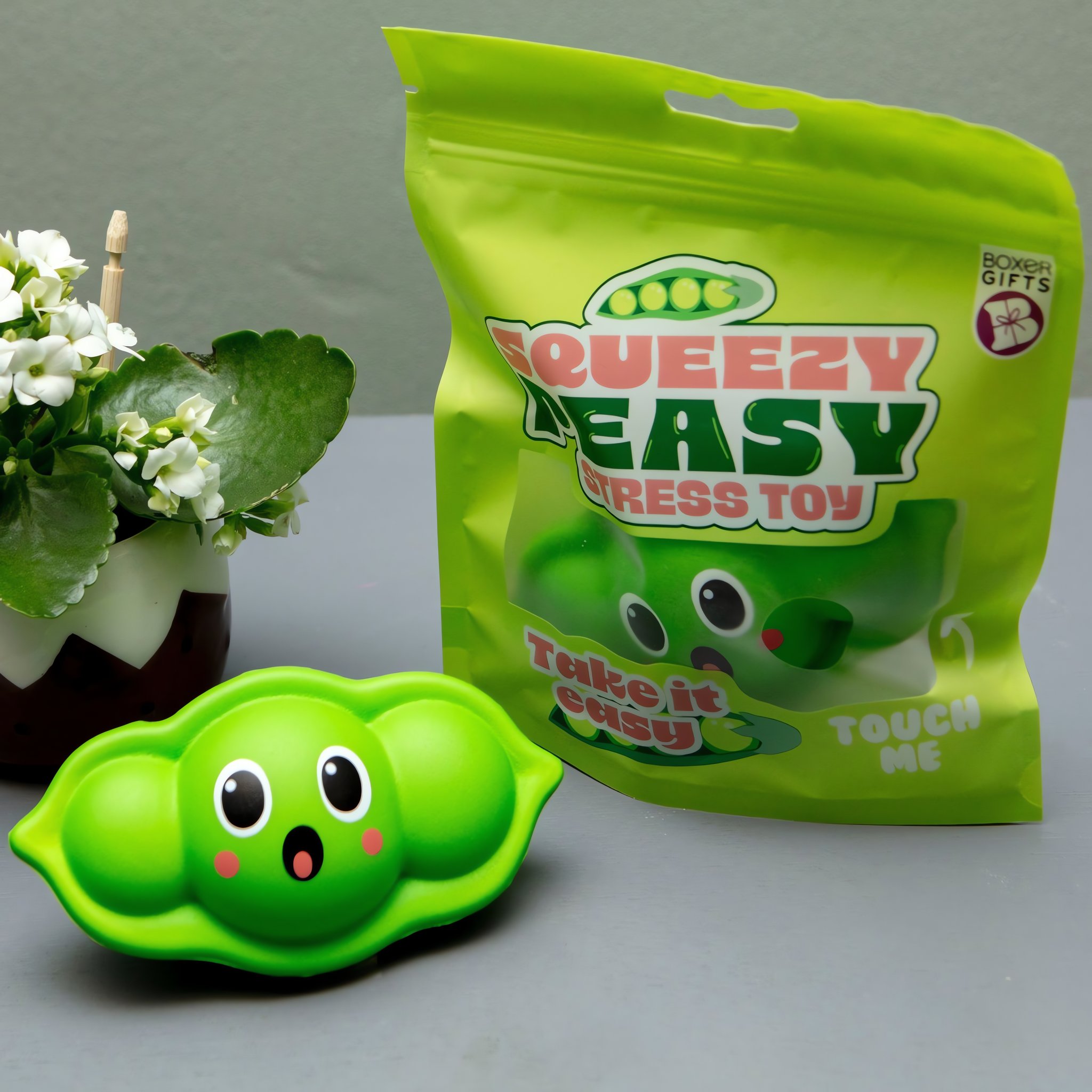 Boxer Gifts Squeezy Peasy Erbsenschoten-Stress-Toy mit Verpackung und Pflanze
