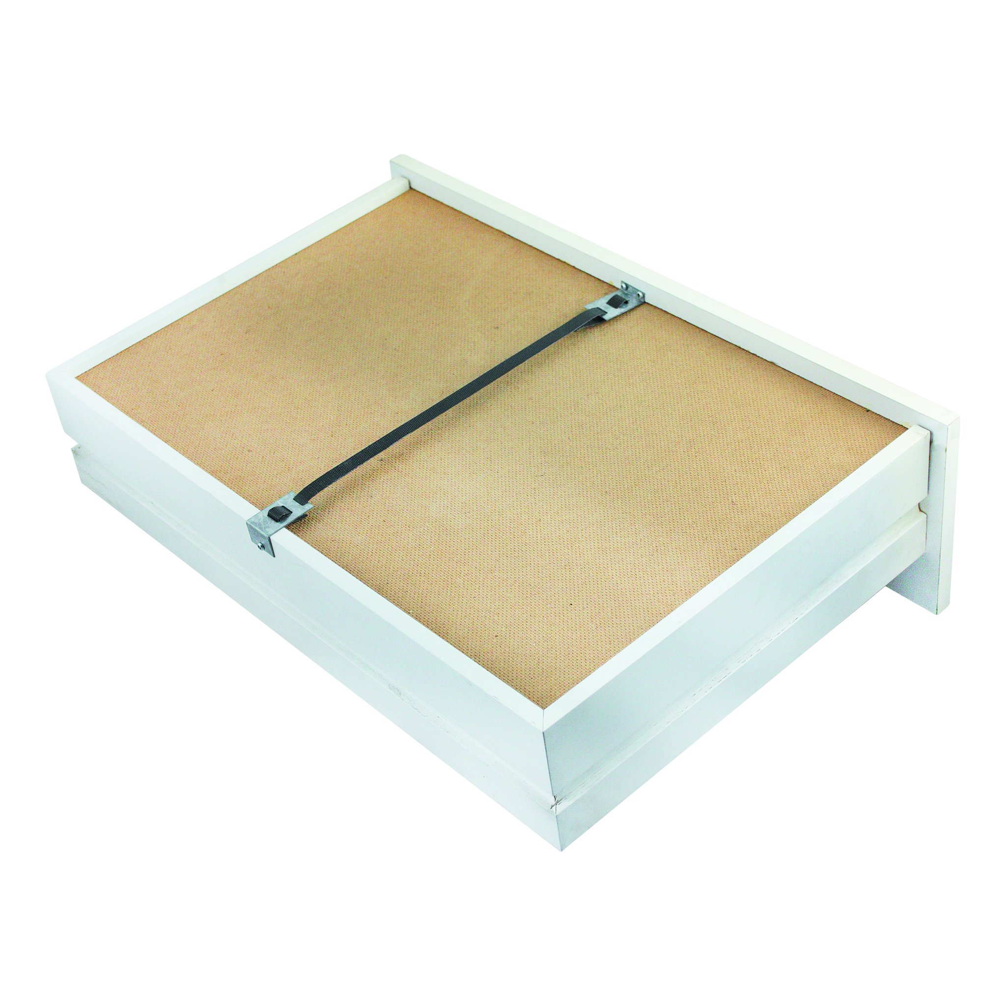 Weisse Schublade von unten mit montiertem Fix-A-Drawer Spanngurt am Boden