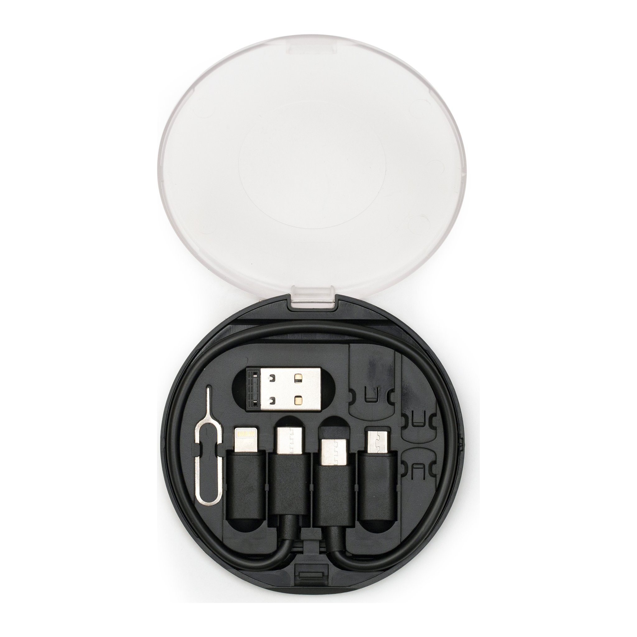 Travel Buddy Adapterset geöffnet mit Adaptern und SIM-Nadel