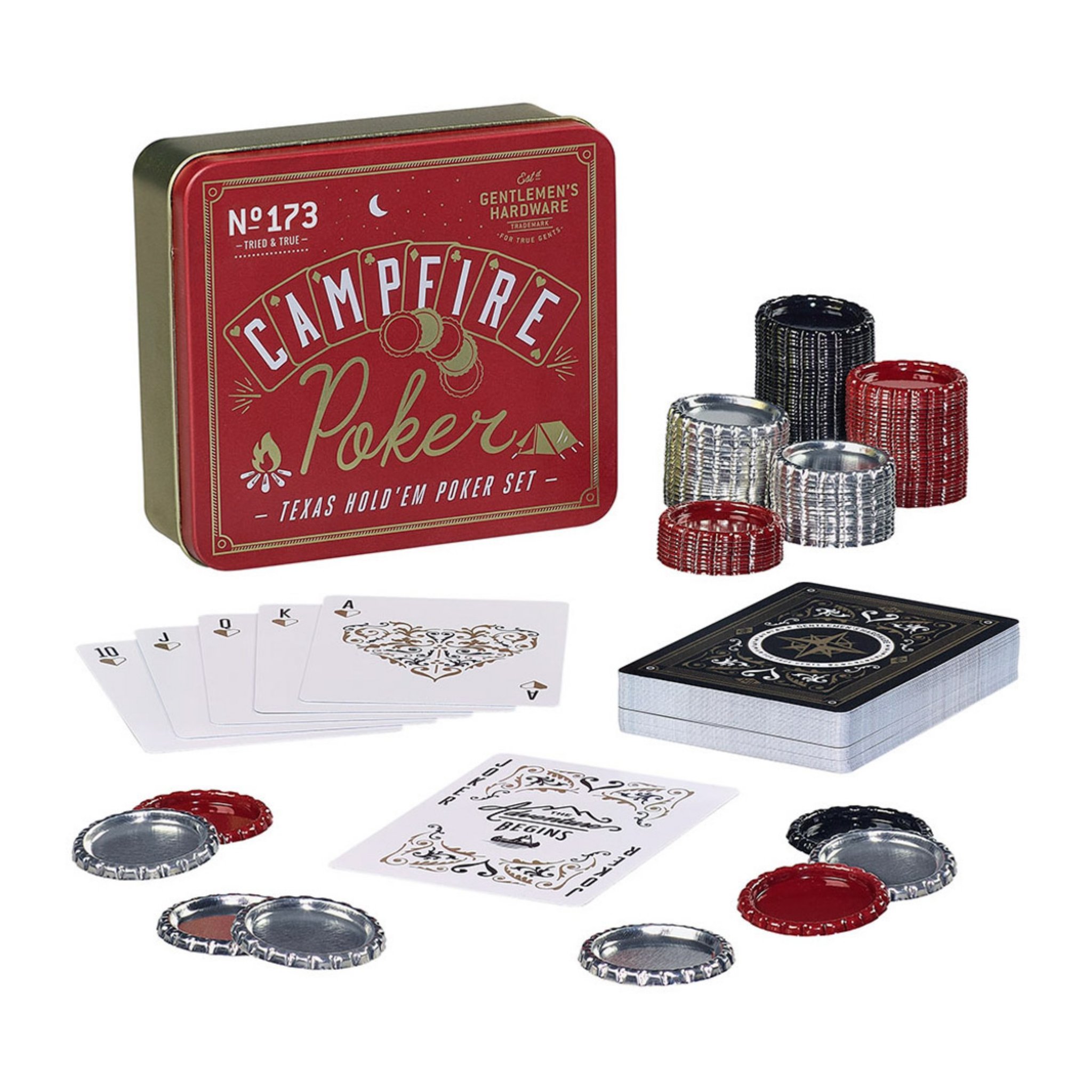 Campfire Poker set laid out: tin, fanned cards from ten to ace, a deck, and stacked and loose bottle-cap style chips