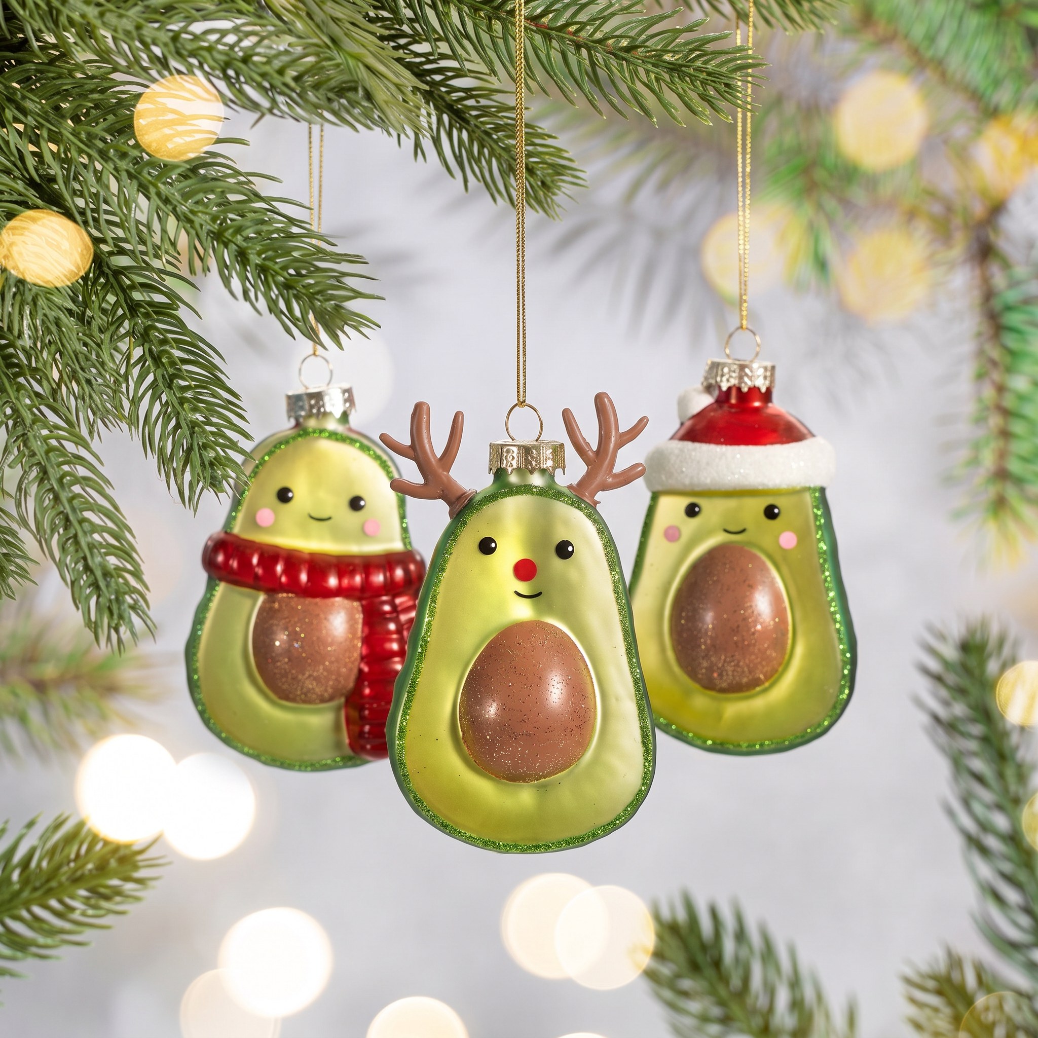 Set di Decorazione di Natale Avocado di Sass & Belle su un ramo di abete con luci calde