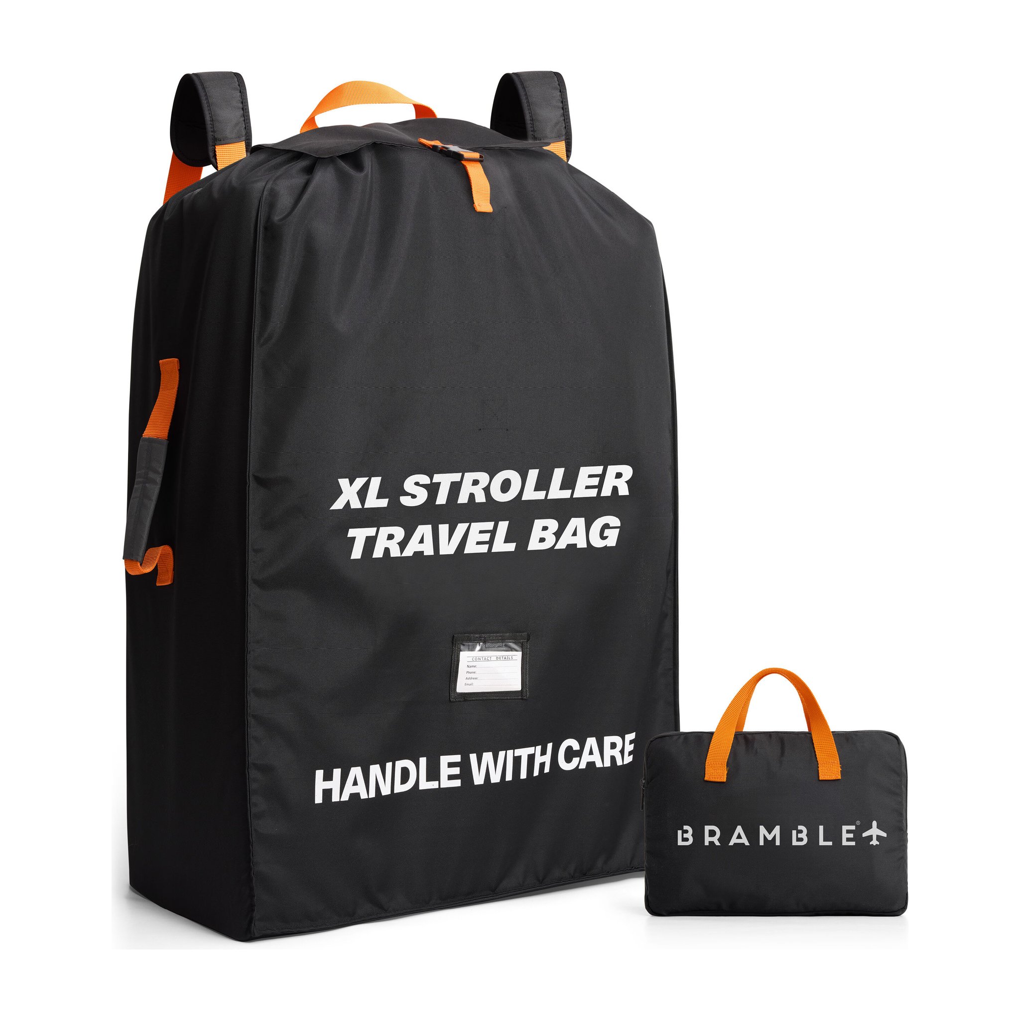 XL Flugzeug-Reisetasche von Bramble in Schwarz mit orangen Griffen, daneben die kompakte Aufbewahrungstasche