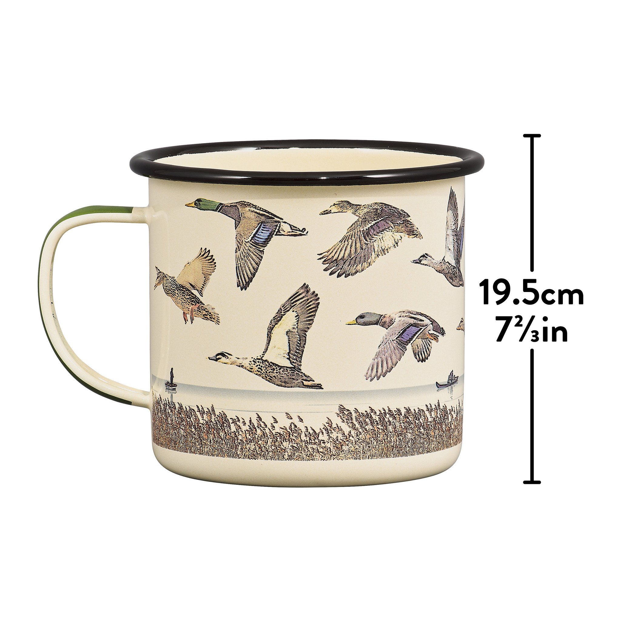 Enten Emaille-Tasse mit Entenmotiv und Schilfband, daneben eine Höhenangabe mit senkrechter Linie und Pfeilenden