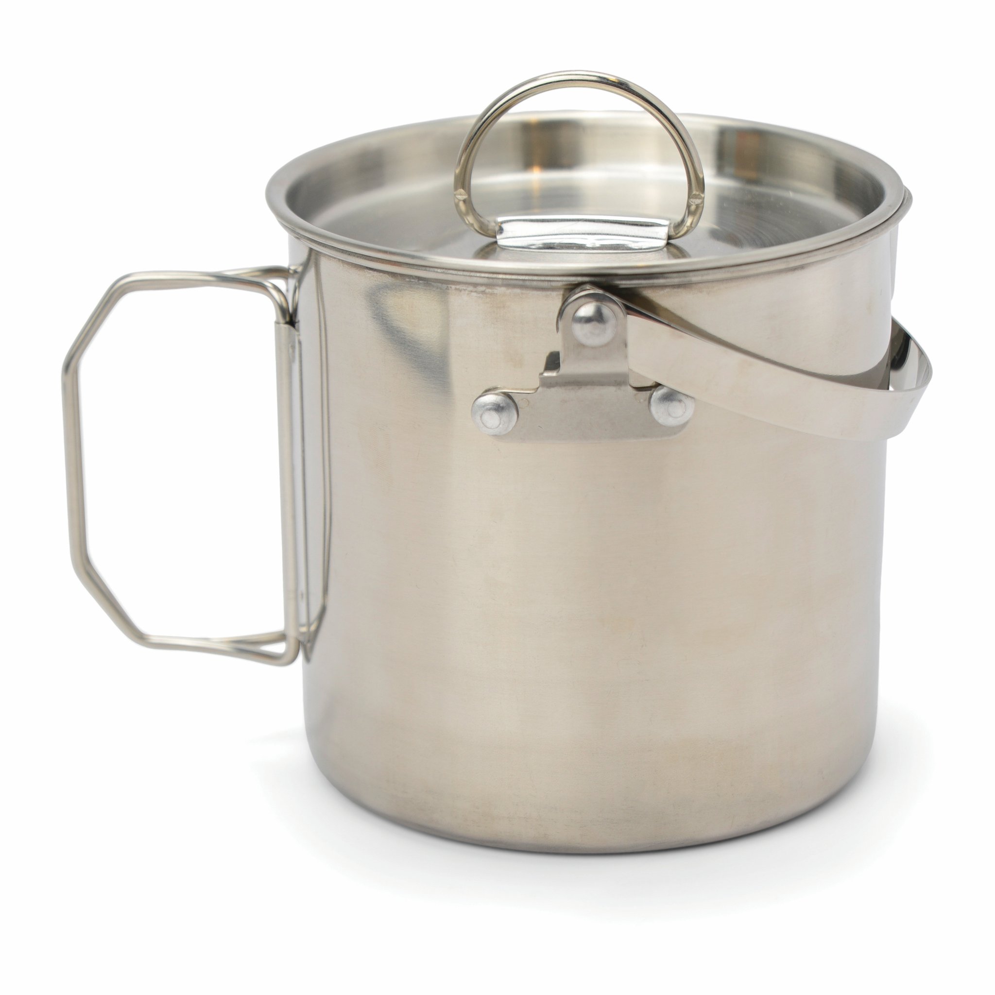 Campfire Cooking Pot straight on against white, with the wire side handle folded out to the left