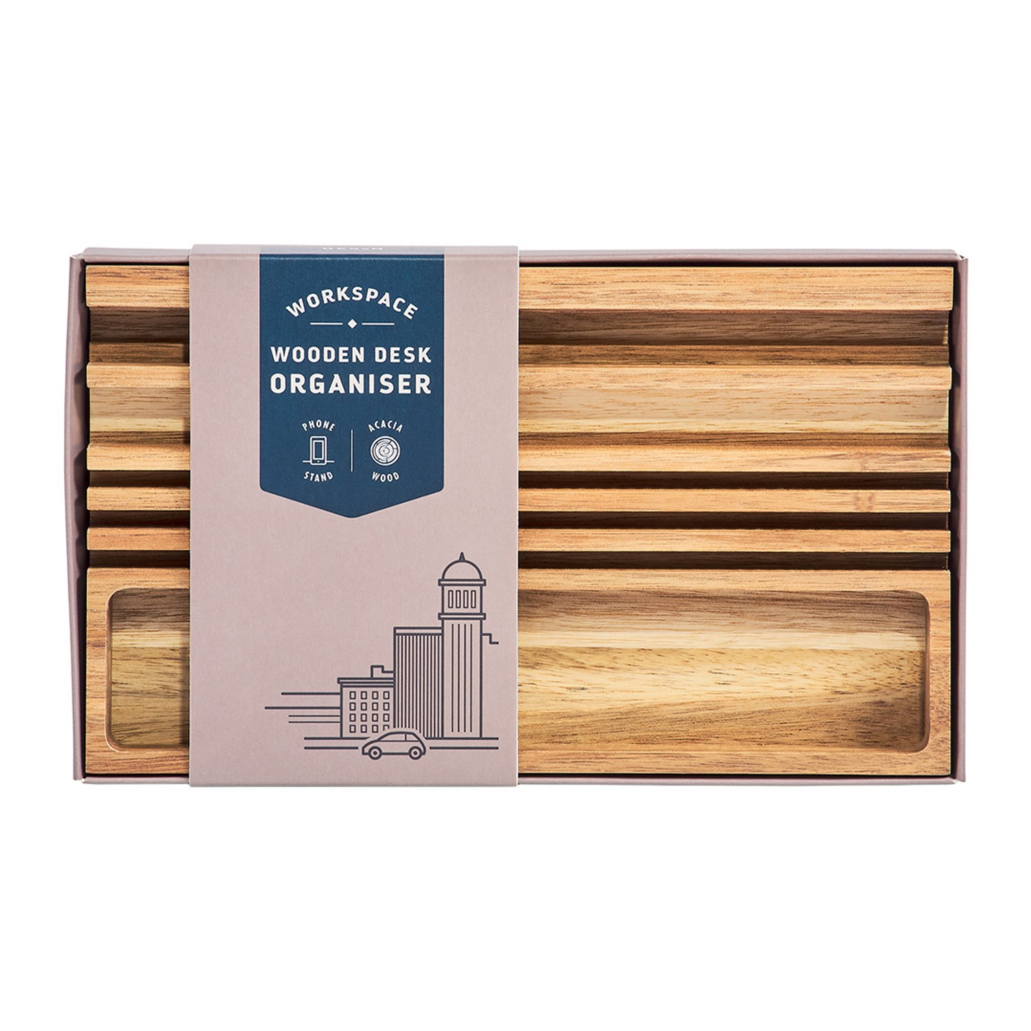 Organiseur en bois dans sa boîte ouverte, bandeau Workspace au centre et bois veiné visible