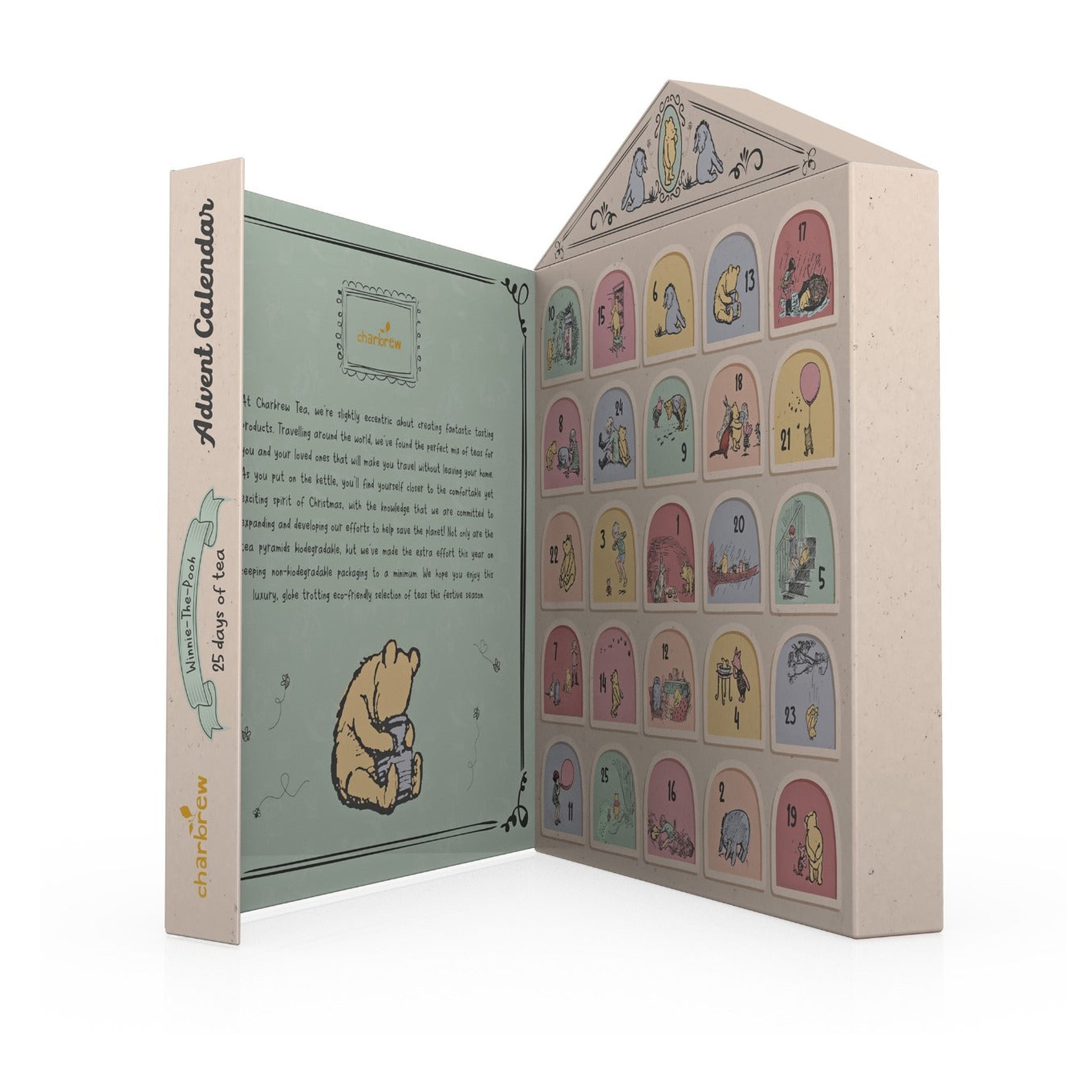 Calendario dell'Avvento Winnie the Pooh aperto con testo interno e finestrelle chiuse