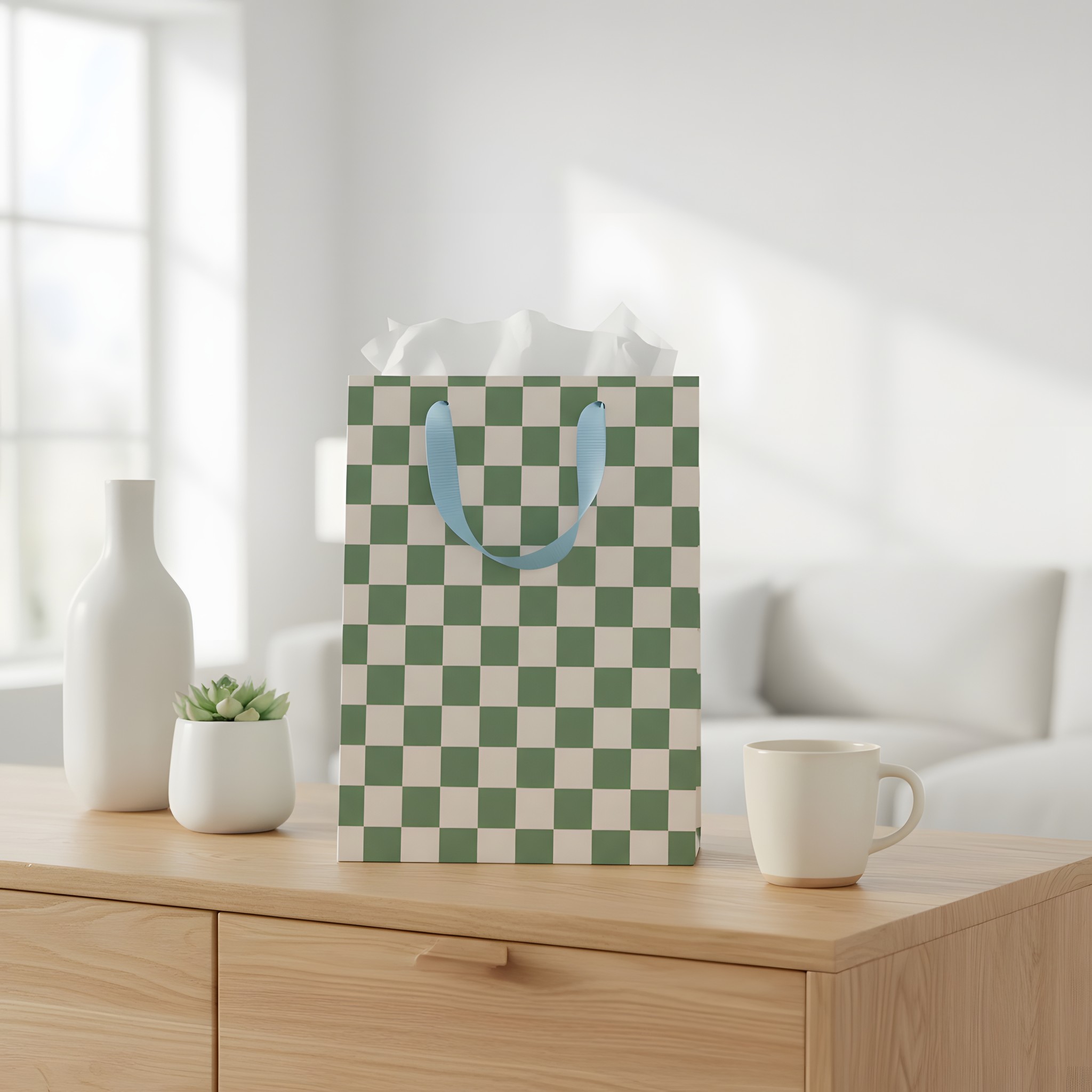 Busta regalo media a scacchi verdi di Ohh Deer con carta velina e tazza su una credenza in soggiorno