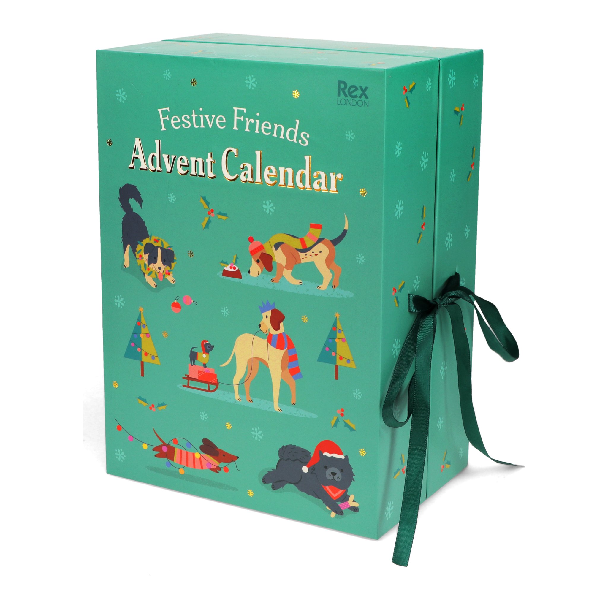 Geschlossener Festive Friends Adventskalender mit Hunden und grüner Schleife