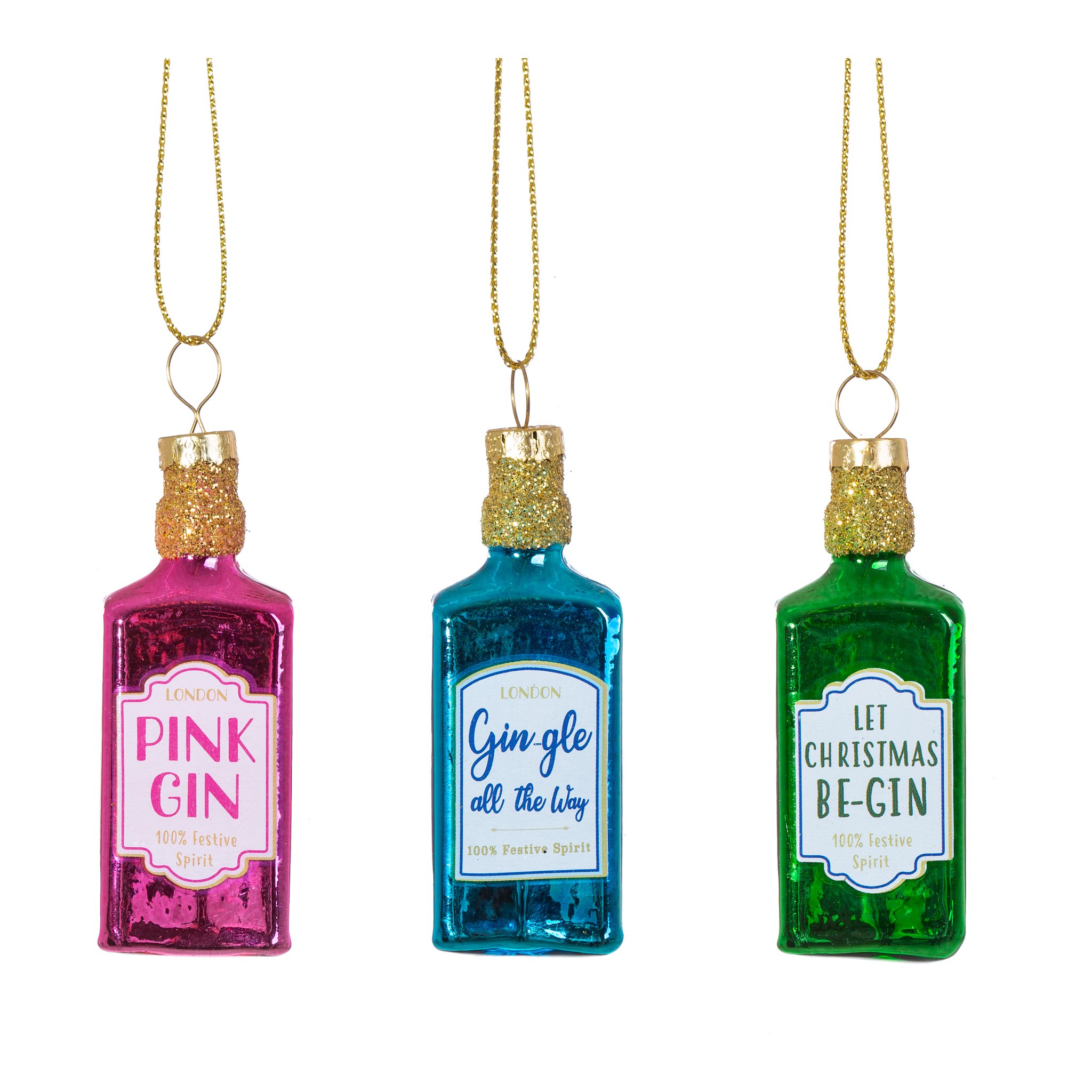 Gin-Baumschmuck von Sass & Belle, drei Glasflaschen Pink Gin, Gin und Christmas Gin, freigestellt