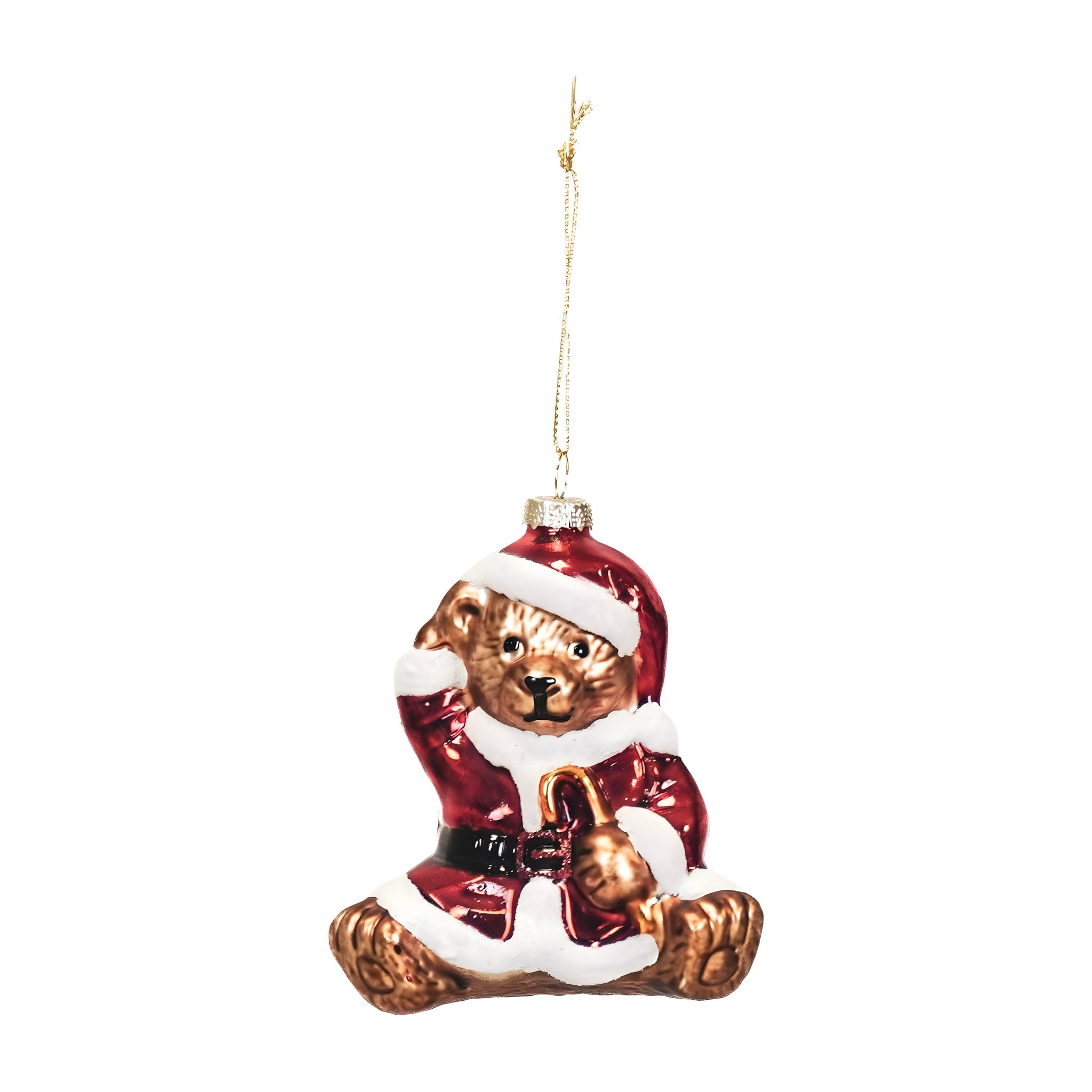 Santa-Bär Weihnachtsanhänger aus Glas im roten Weihnachtsmann-Kostüm, freigestellt