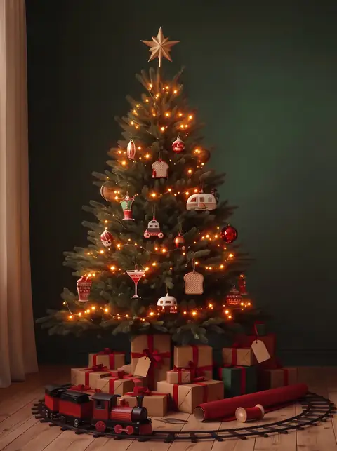 Grand sapin de Noël avec guirlande lumineuse, boules originales, cadeaux et petit train
