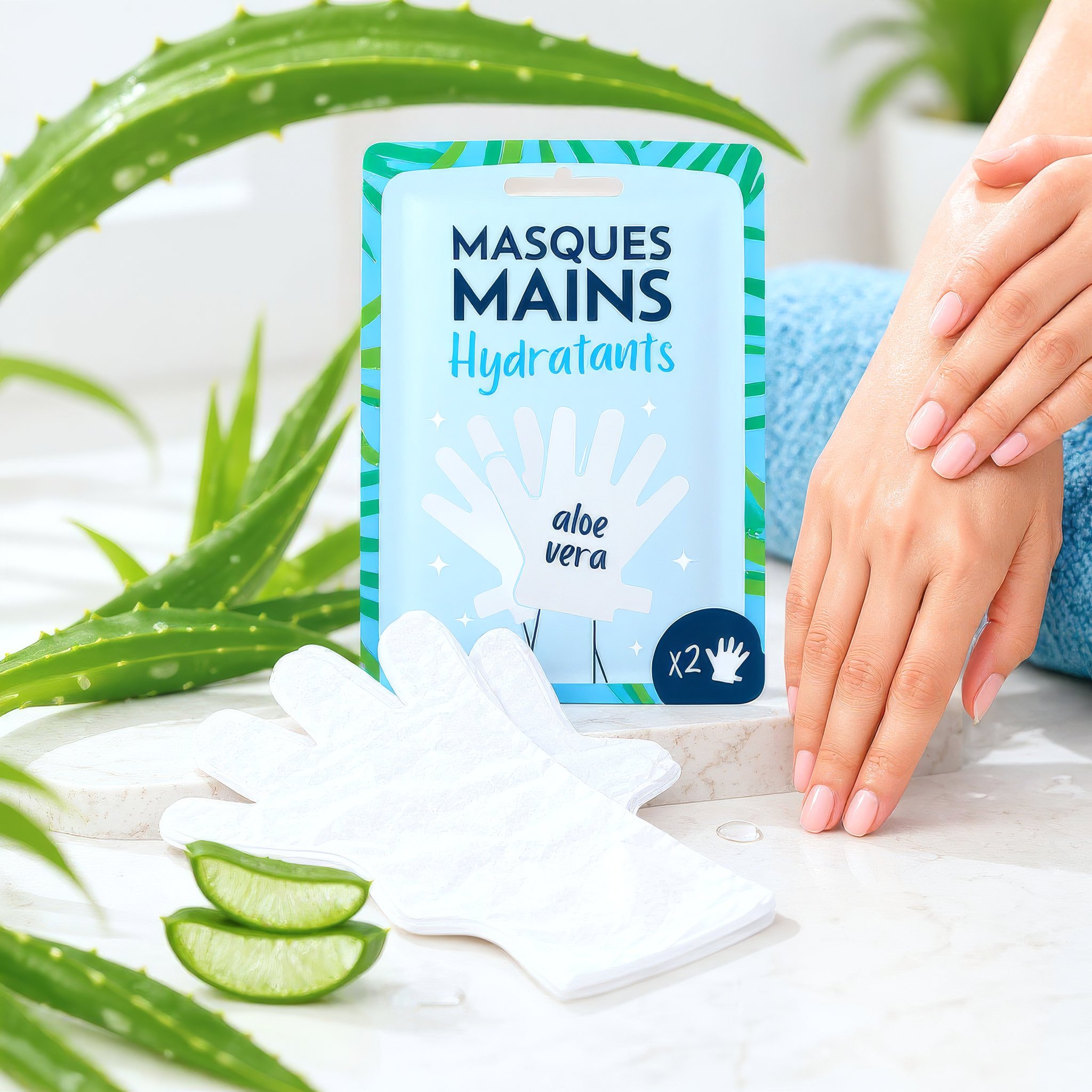 Feuchtigkeits-Handmaske Aloe Vera von French Tendance mit gepflegten Händen und frischer Aloe