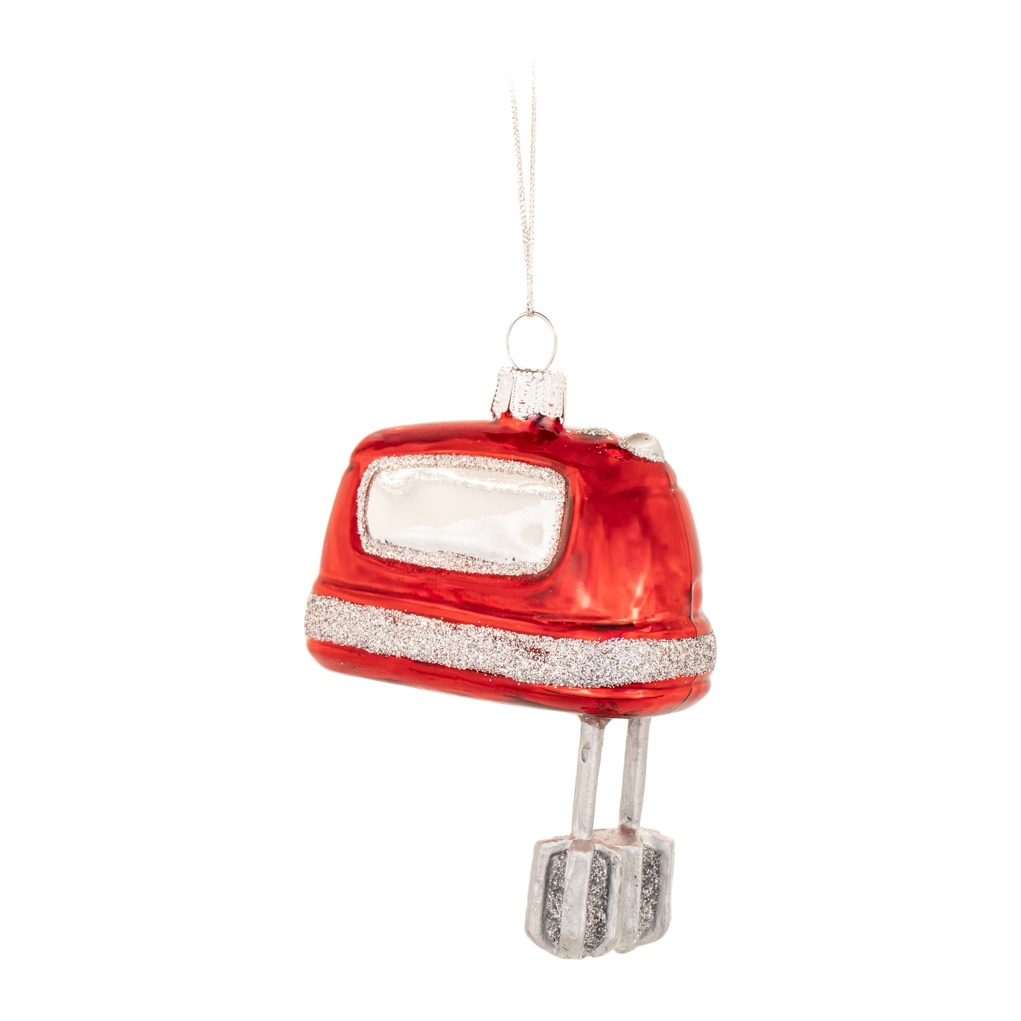 Batteur électrique rouge en verre aux fouets argentés, décoration de sapin
