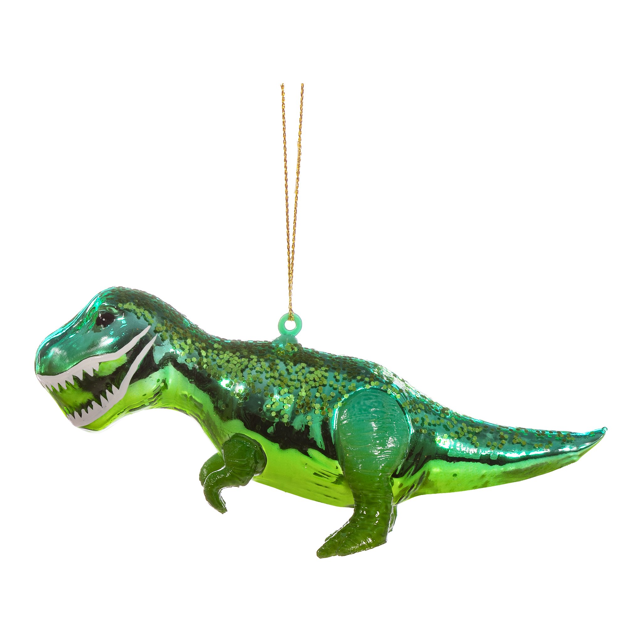 Weihnachtsbaumschmuck T-Rex freigestellt, Glasfigur mit Glitzer und Goldfaden