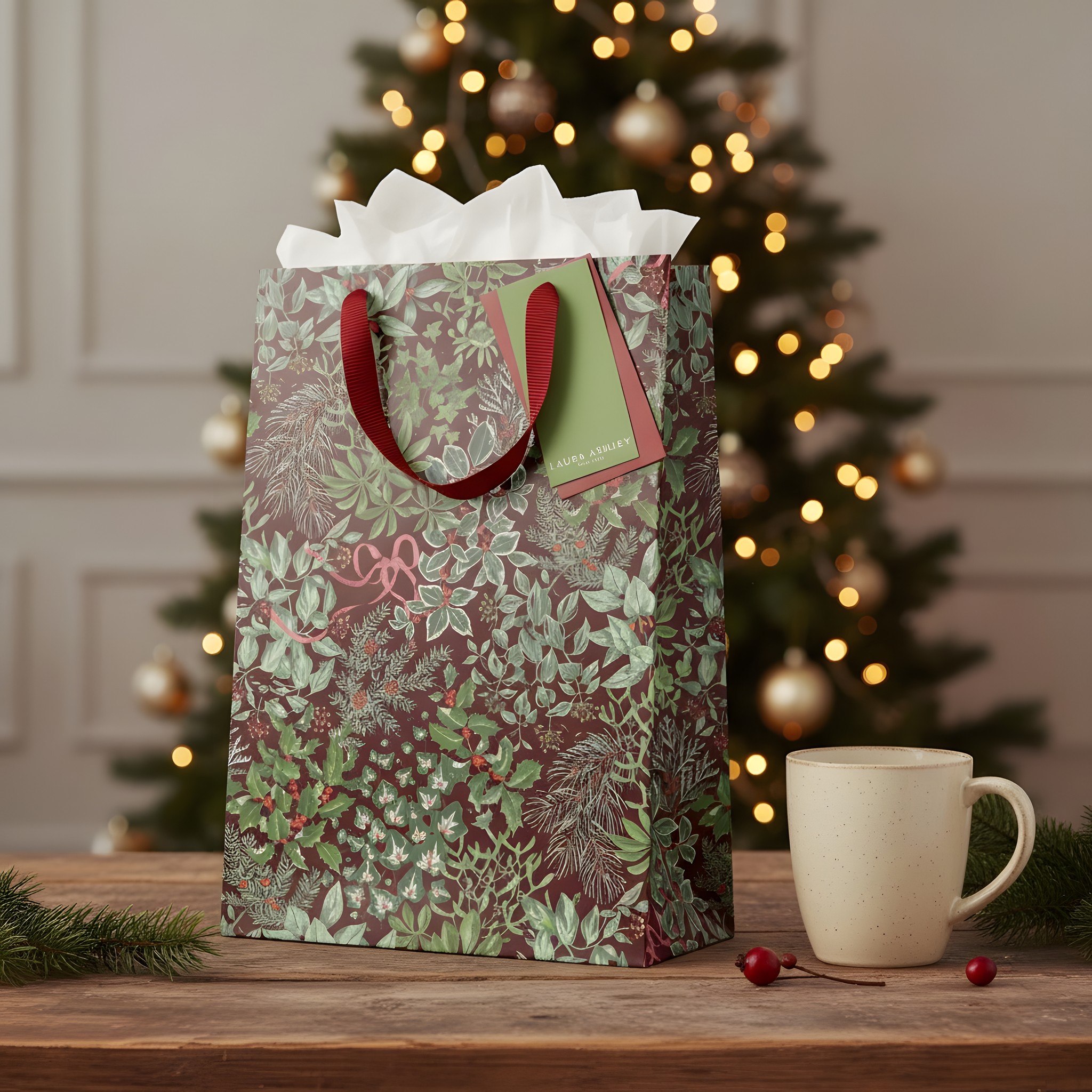 Busta regalo grande Laura Ashley con agrifoglio di Ohh Deer con carta velina e tazza davanti a un albero di Natale con luci