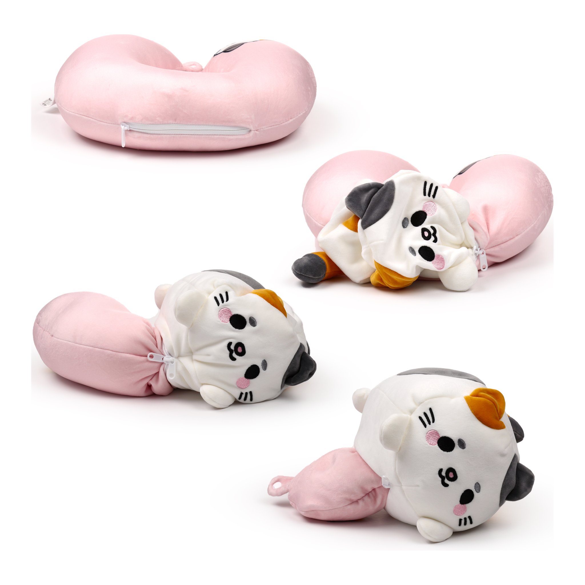 Cat plush unfolding into a neck pillow in three steps