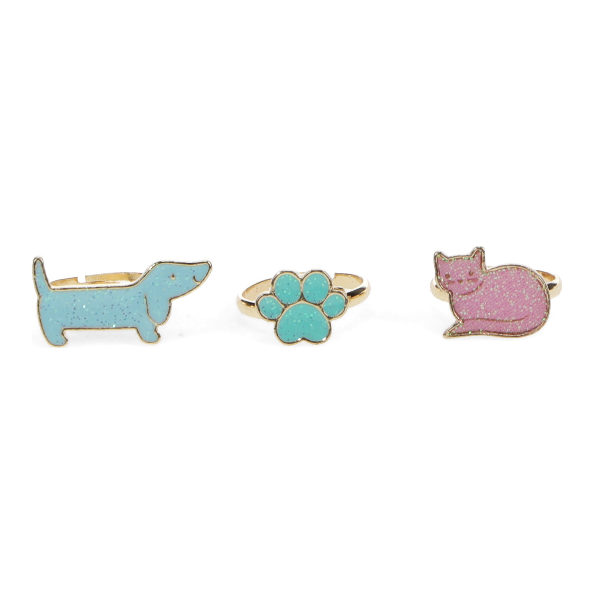 The three glitter rings: blue dachshund, turquoise paw and pink cat