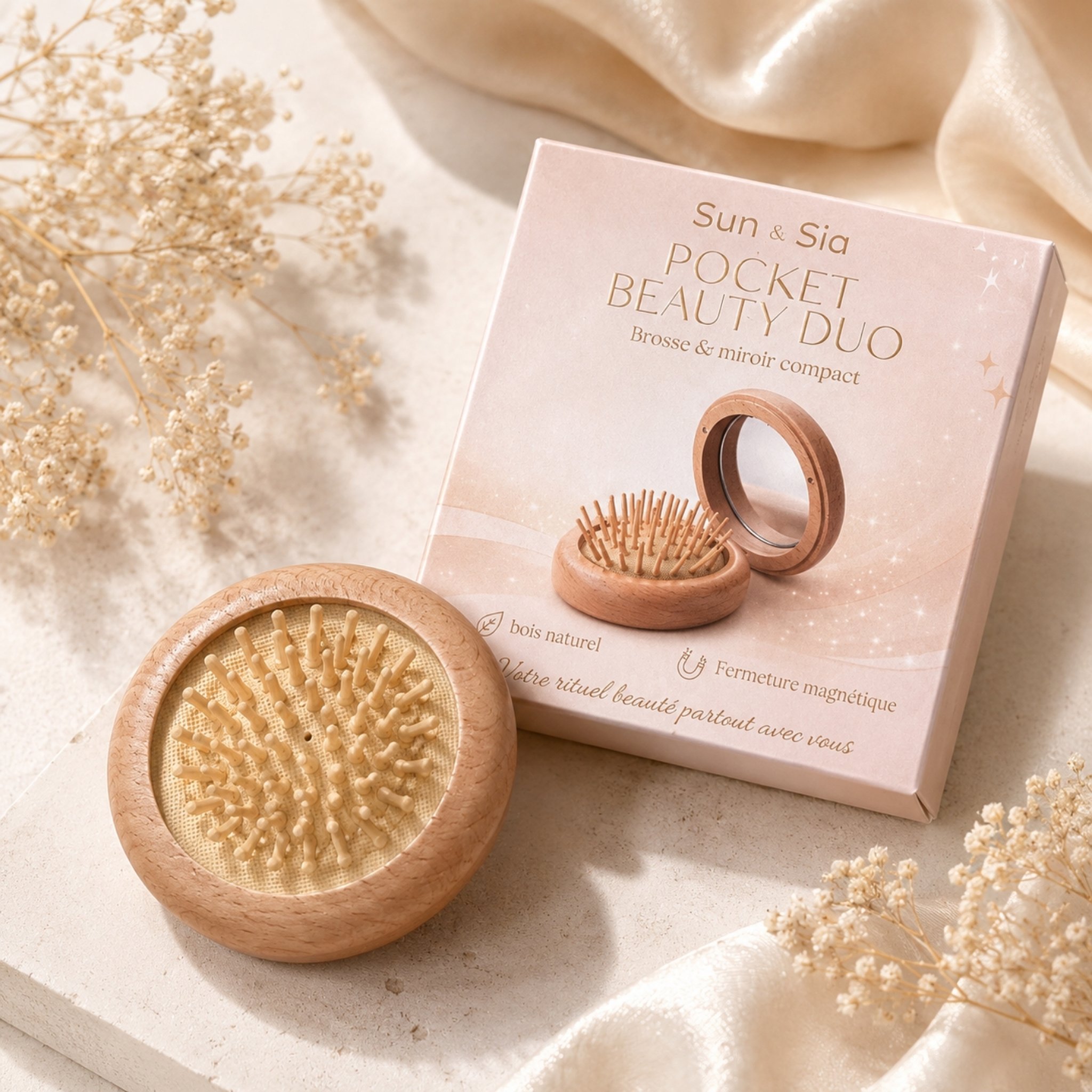 Haarbürste mit Spiegel aus Holz vor ihrer rosa Geschenkschachtel