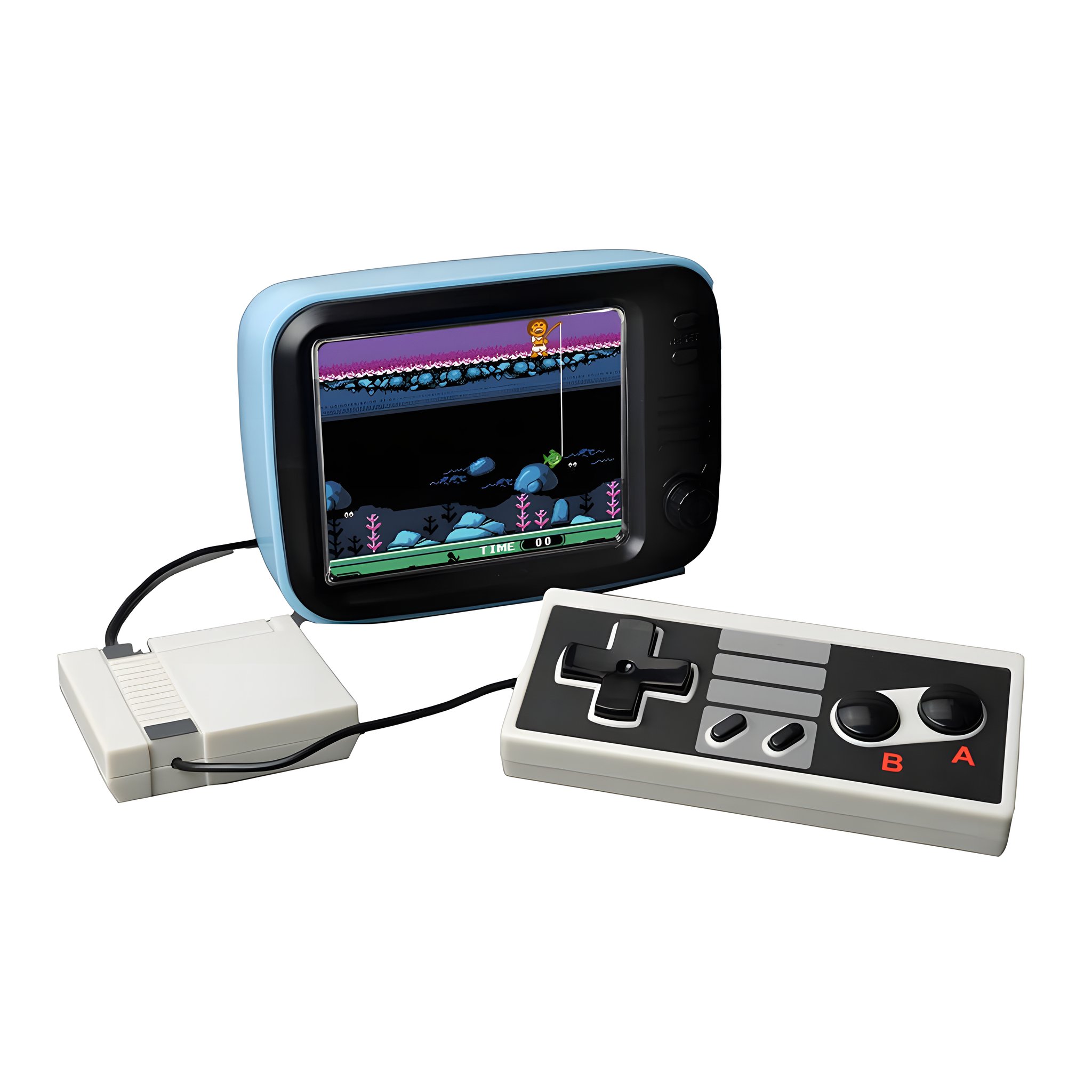 Mini-Konsole im Fernseher-Design mit Spiel auf dem Bildschirm und angeschlossenem Controller