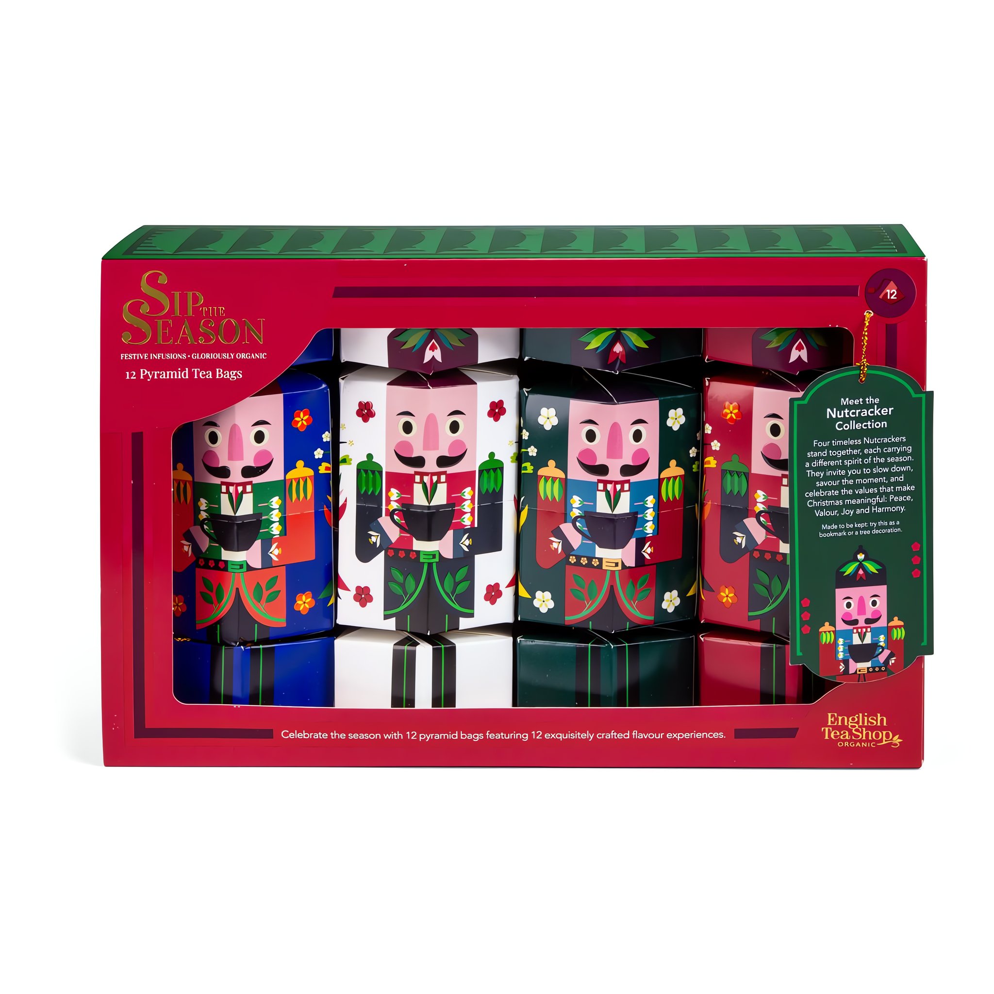 Rote Geschenkbox mit Sichtfenster und vier Nussknacker-Figuren der Tee-Kollektion