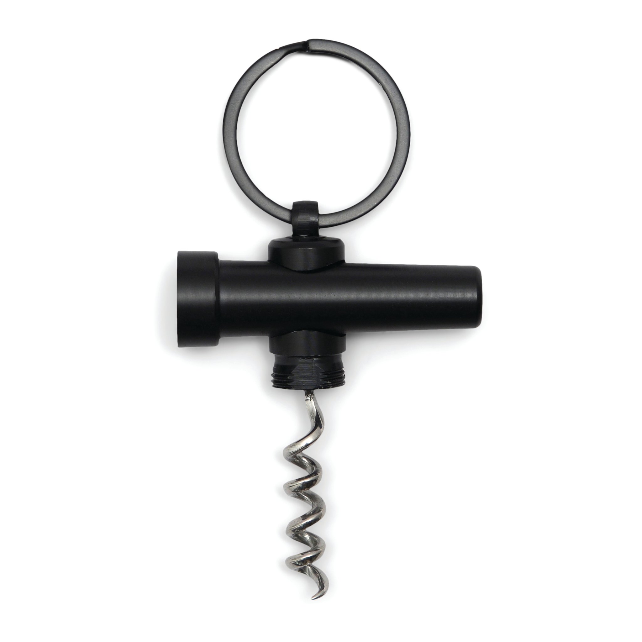 Keychain corkscrew with the spiral pulled out, black handle and ring against a white background